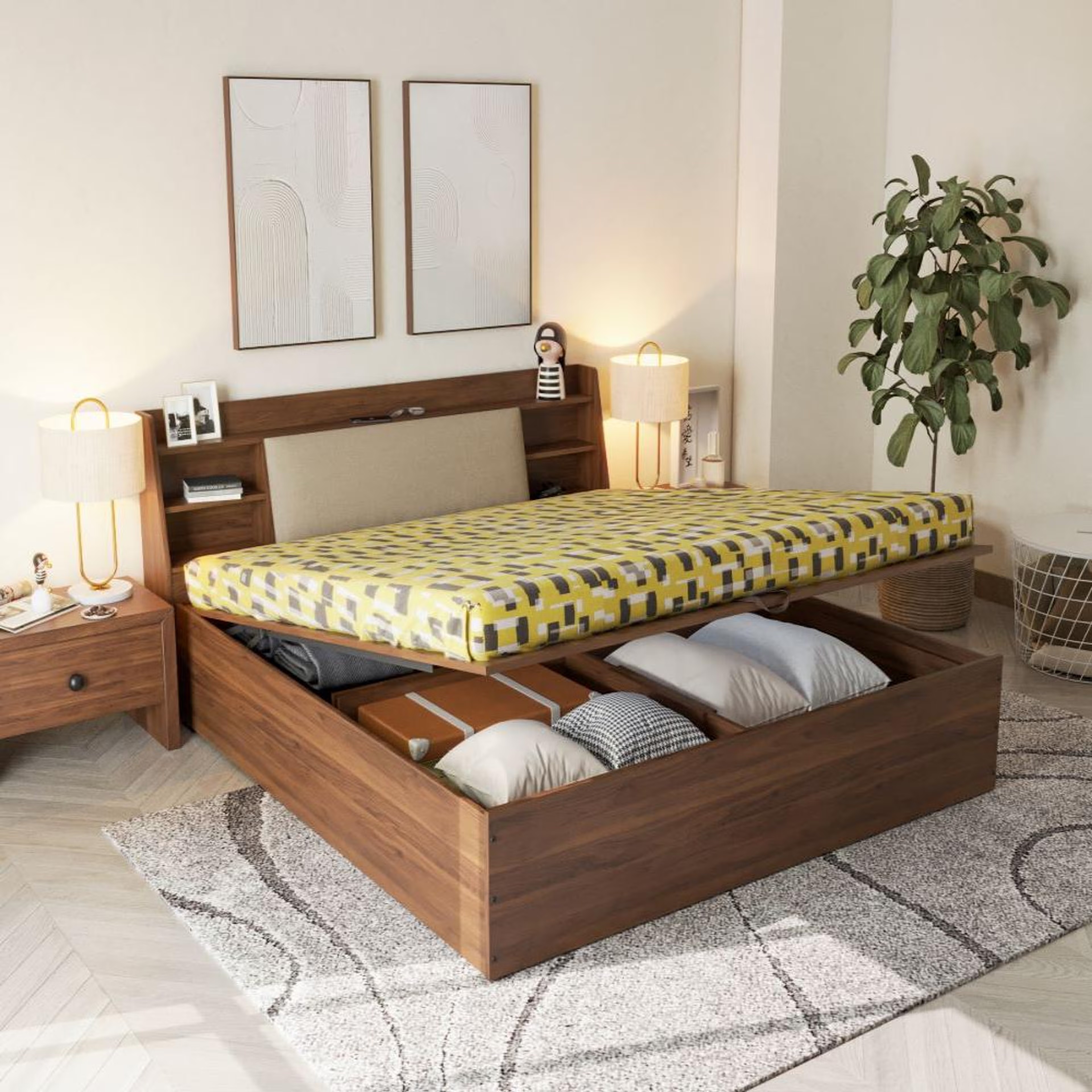 Wakefit Leo King Storage Engineered Wood Bed With Omega Pearl Upholstered Headboard With Hydraulic Mechanism King - 78" x 72\