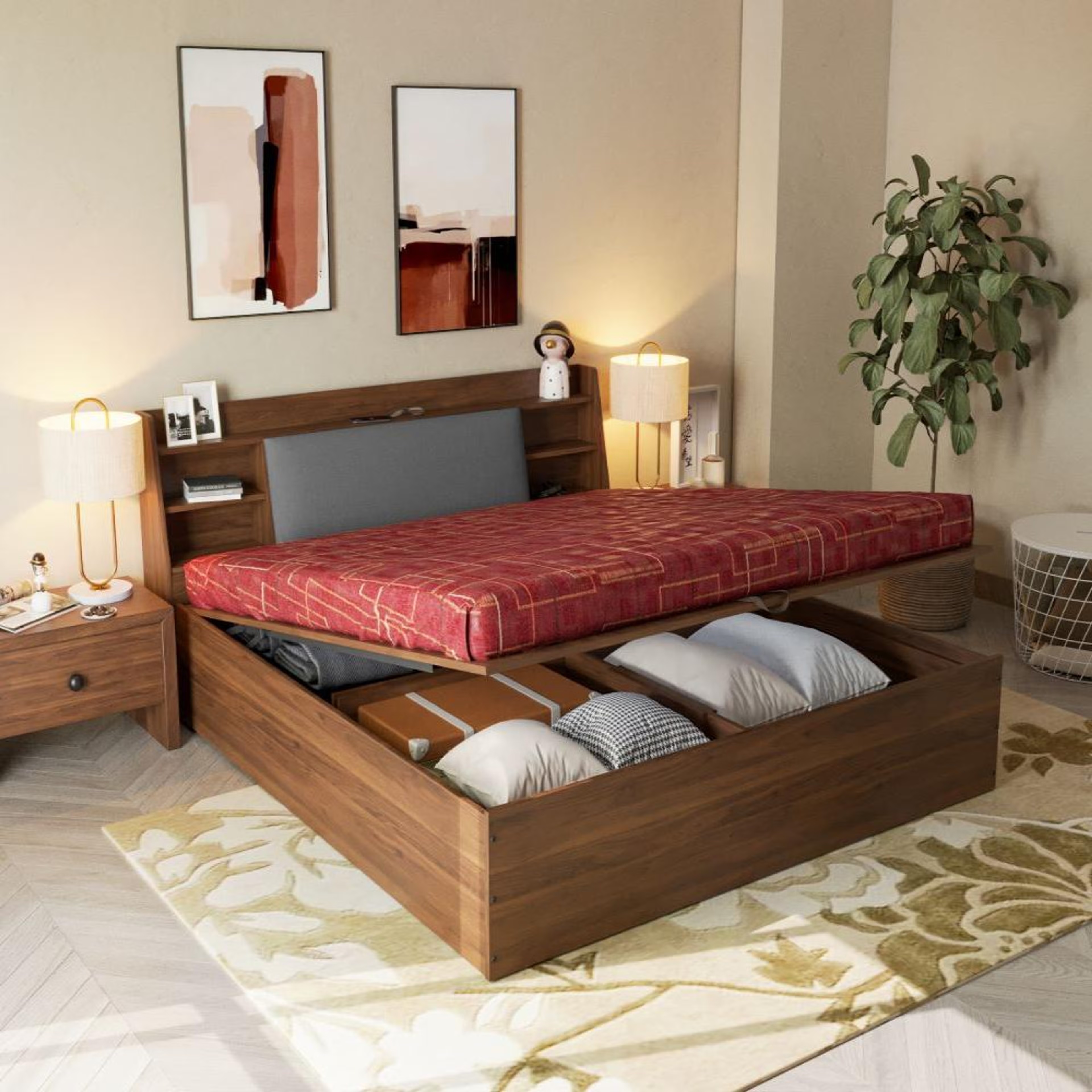 Wakefit Leo King Storage Engineered Wood Bed With Omega Grey Upholstered Headboard With Hydraulic Mechanism King - 78" x 72\