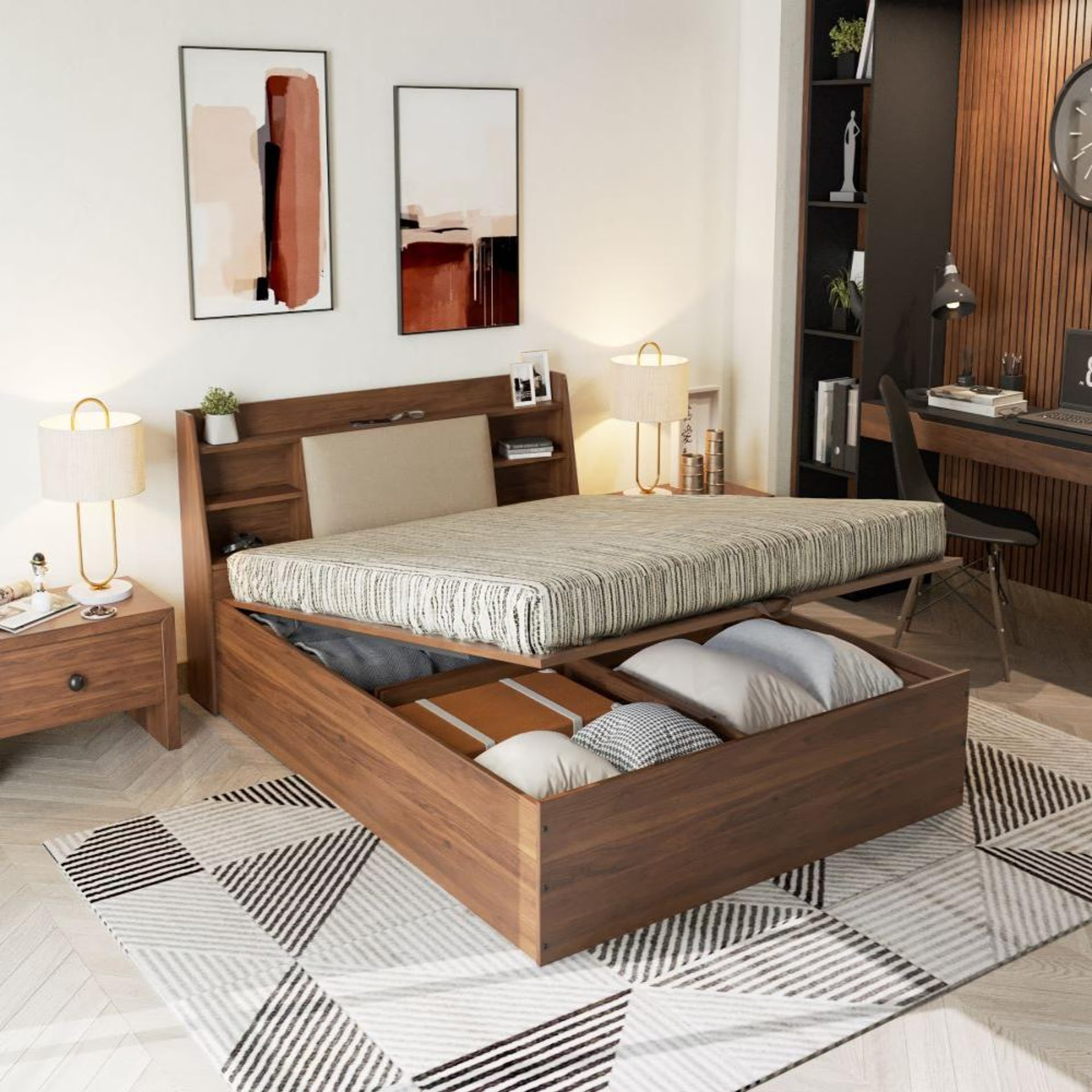 Wakefit Leo Queen Storage Engineered Wood Bed With Omega Pearl Upholstered Headboard With Hydraulic Mechanism Queen - 78" x 60\