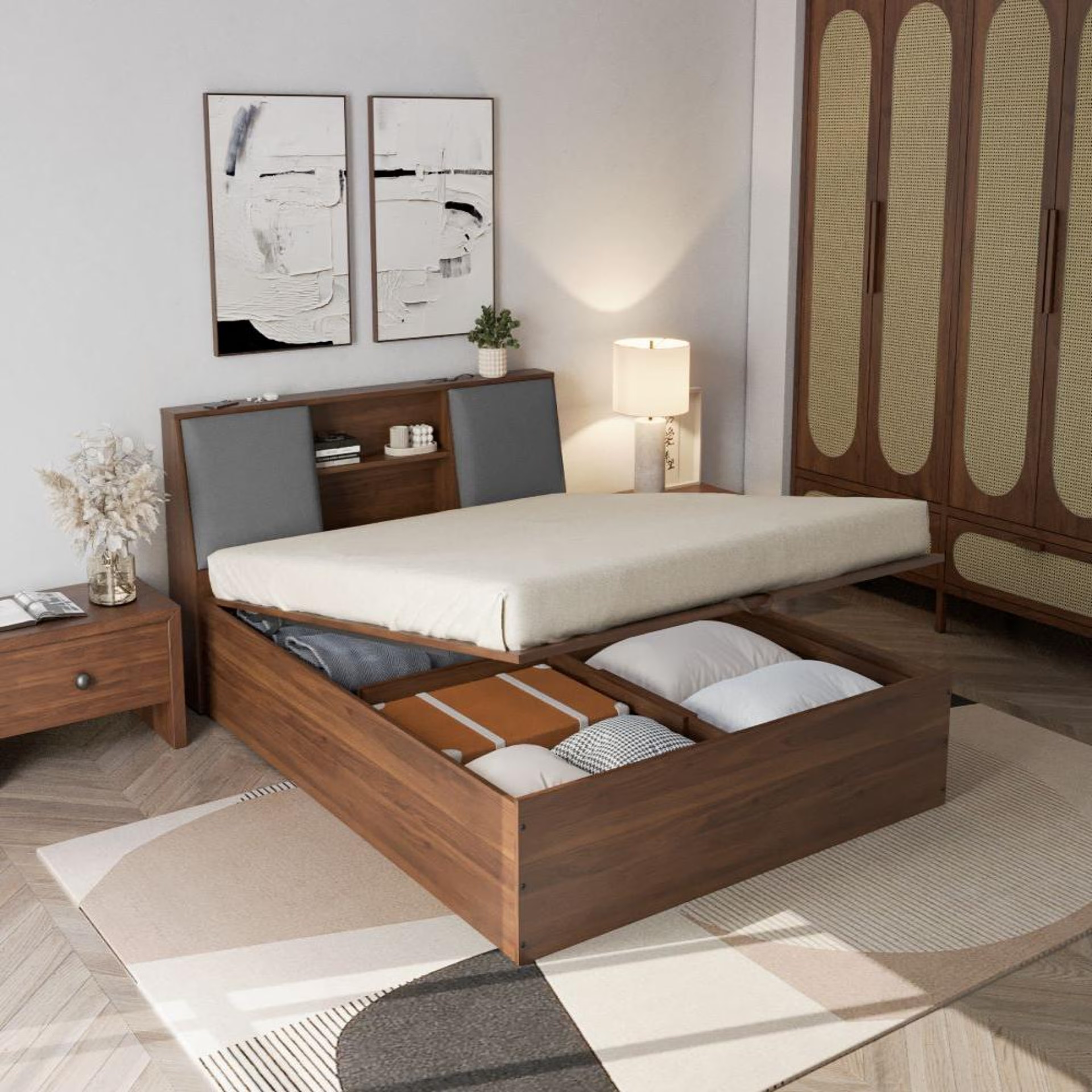Wakefit Orion Omega Grey Upholstered Storage Queen Bed With Hydraulic Mechanism Queen - 78" x 60\