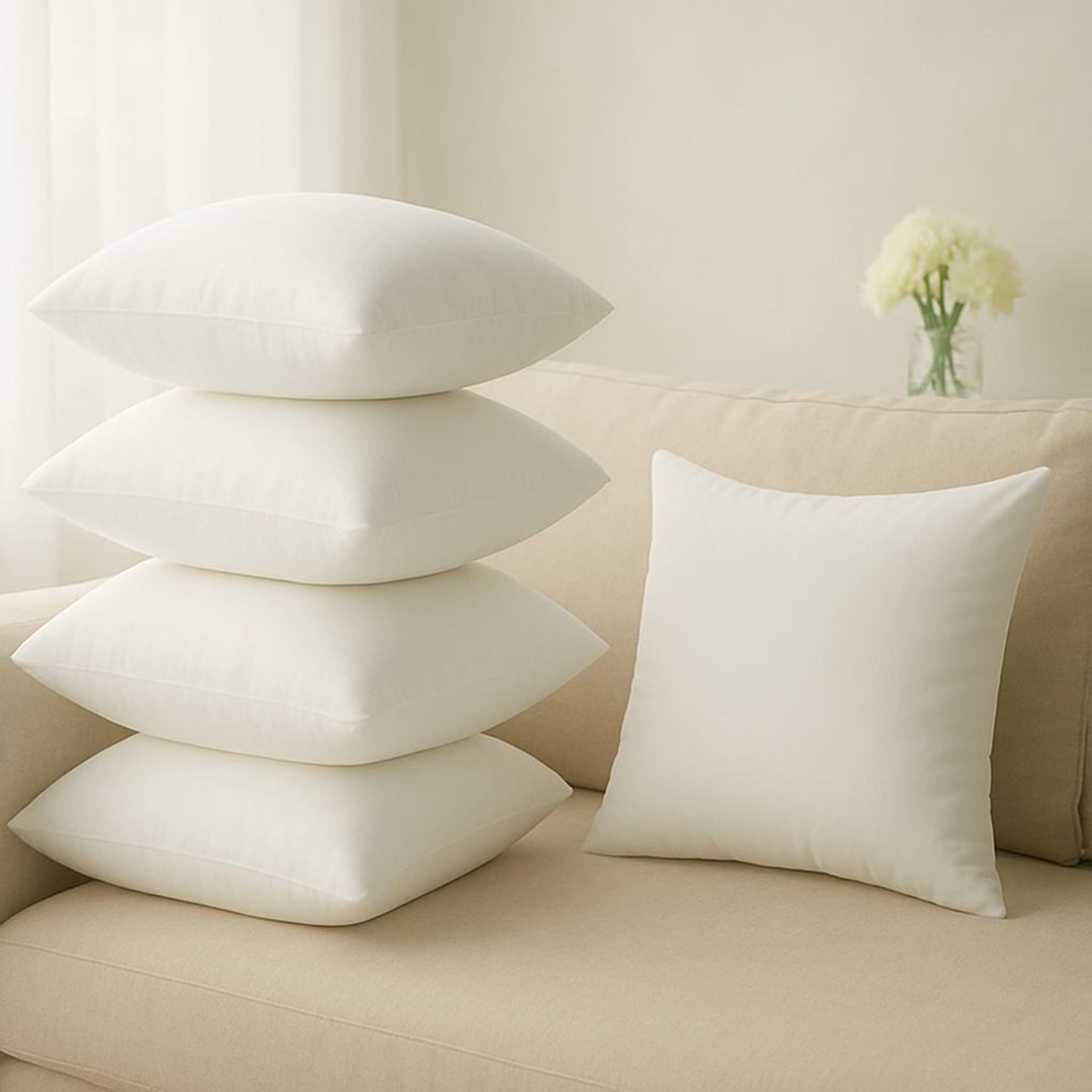 Cushion | Pack of 5 | 24x24 Inch | Hollow Fiber Filling | Use With or Without Cover | For Sofa & Bed | Gentle Machine Wash | White 24"x24\