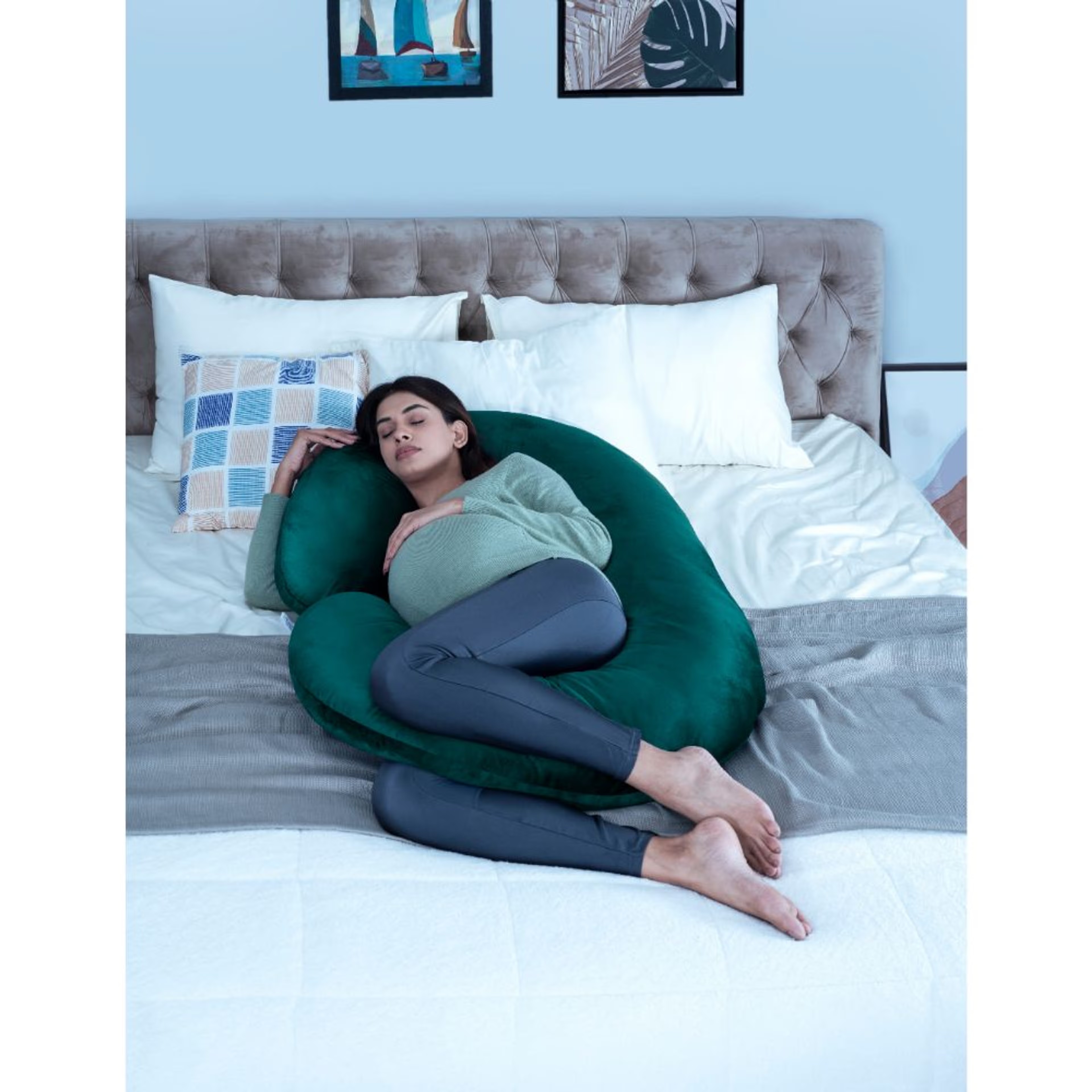 Home 25 Maternity Pillow (C Shape) & Nursing Pillow Combo | For Pregnancy and Baby Feeding | Soft & Machine Washable Velvet Cover | Peacock Green C Shape, Velvet, Peacock Green