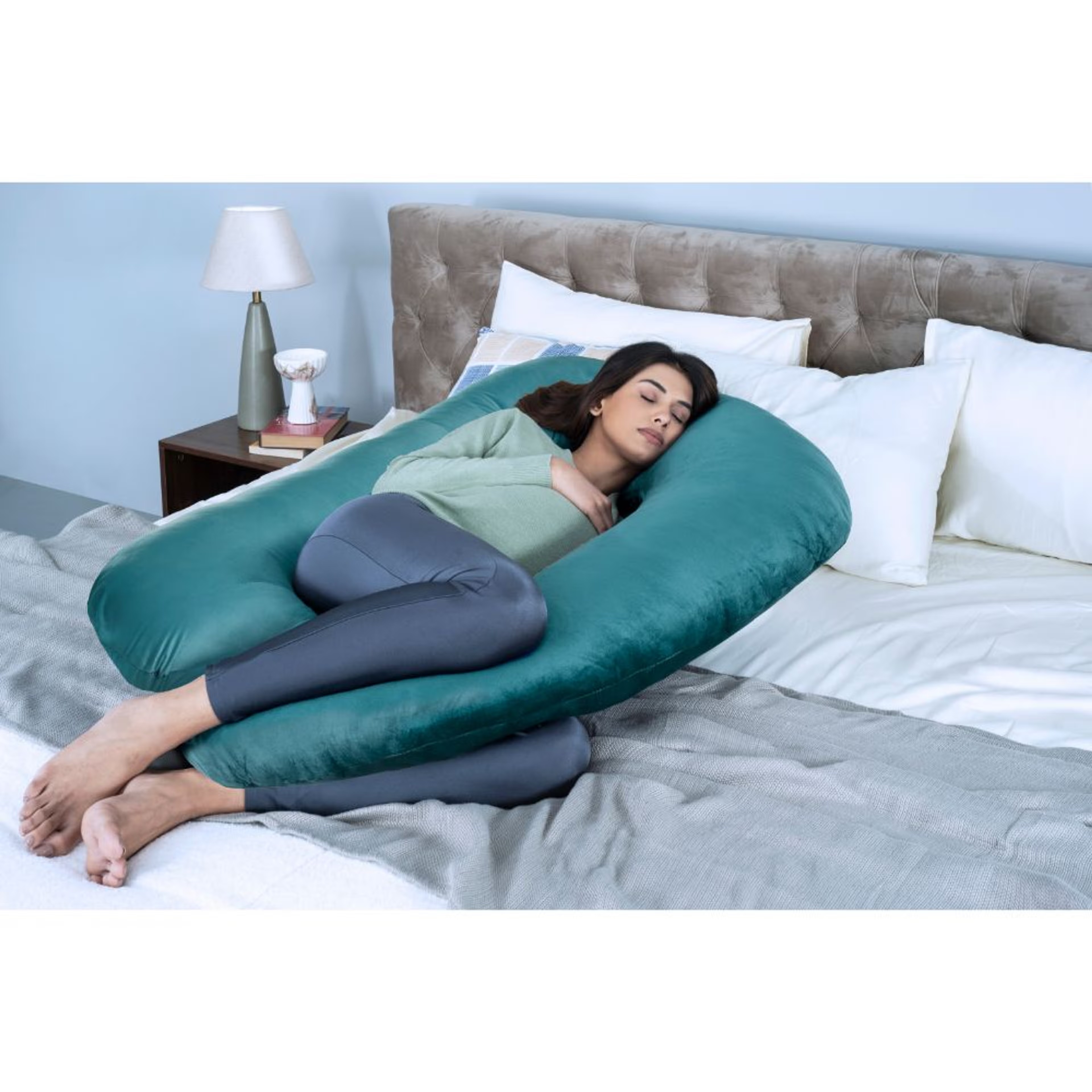 Home 39 Maternity Pillow (U Shape) & Nursing Pillow Combo | For Pregnancy and Baby Feeding | Soft & Machine Washable Velvet Cover | Peacock Green U Shape, Velvet, Peacock Green