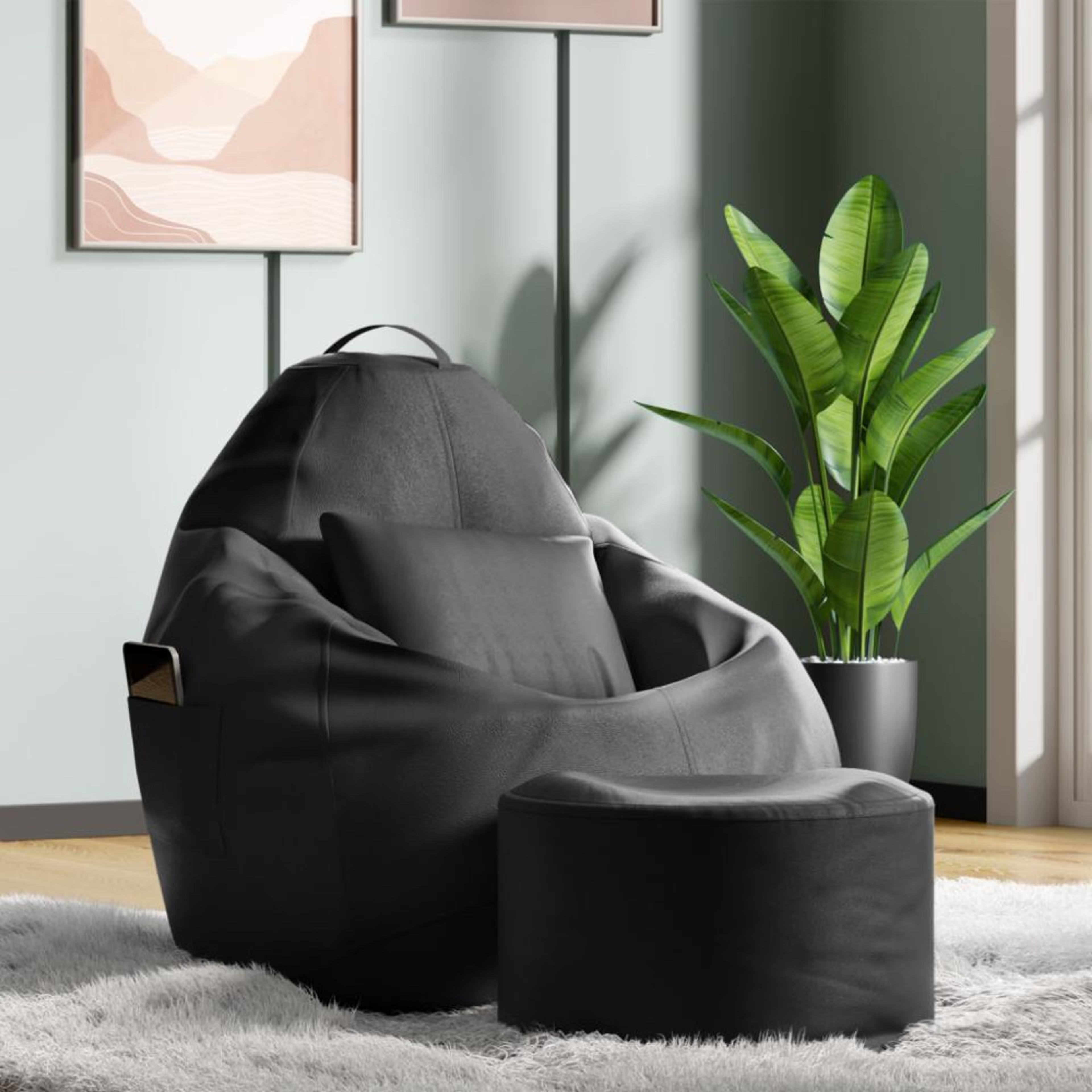 4XL Bean Bag With Footrest & Cushion With Beans | Original Leatherette | Black | Bean Bag Chair | Cozy & Ideal for Any Space Original, 4XL, With Beans, With footrest, With cushion, Leatherette Black