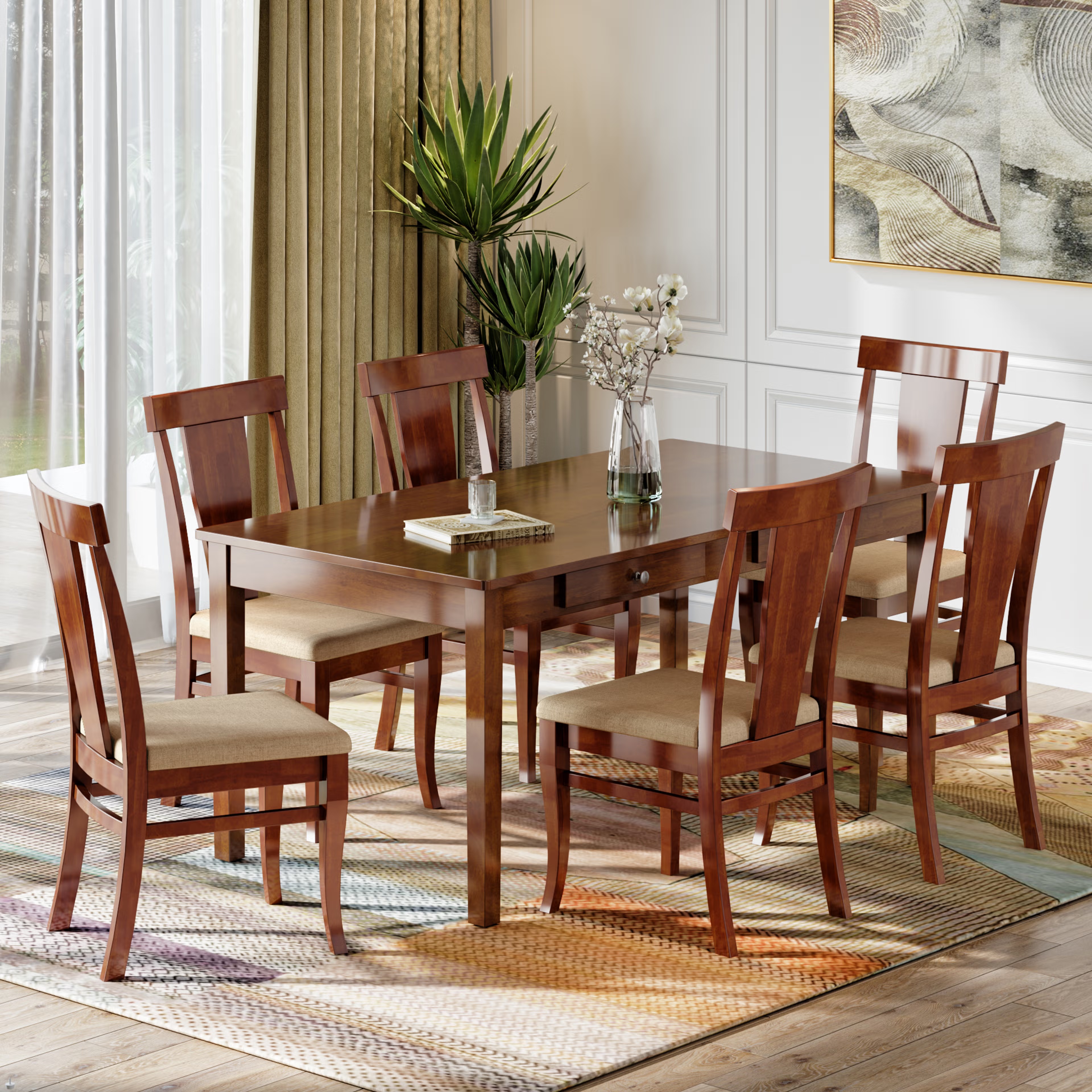 Wakefit Ziti 6-seater solid wood dining set 6 Seater, With Cushion - Omega Pearl, Golden brown