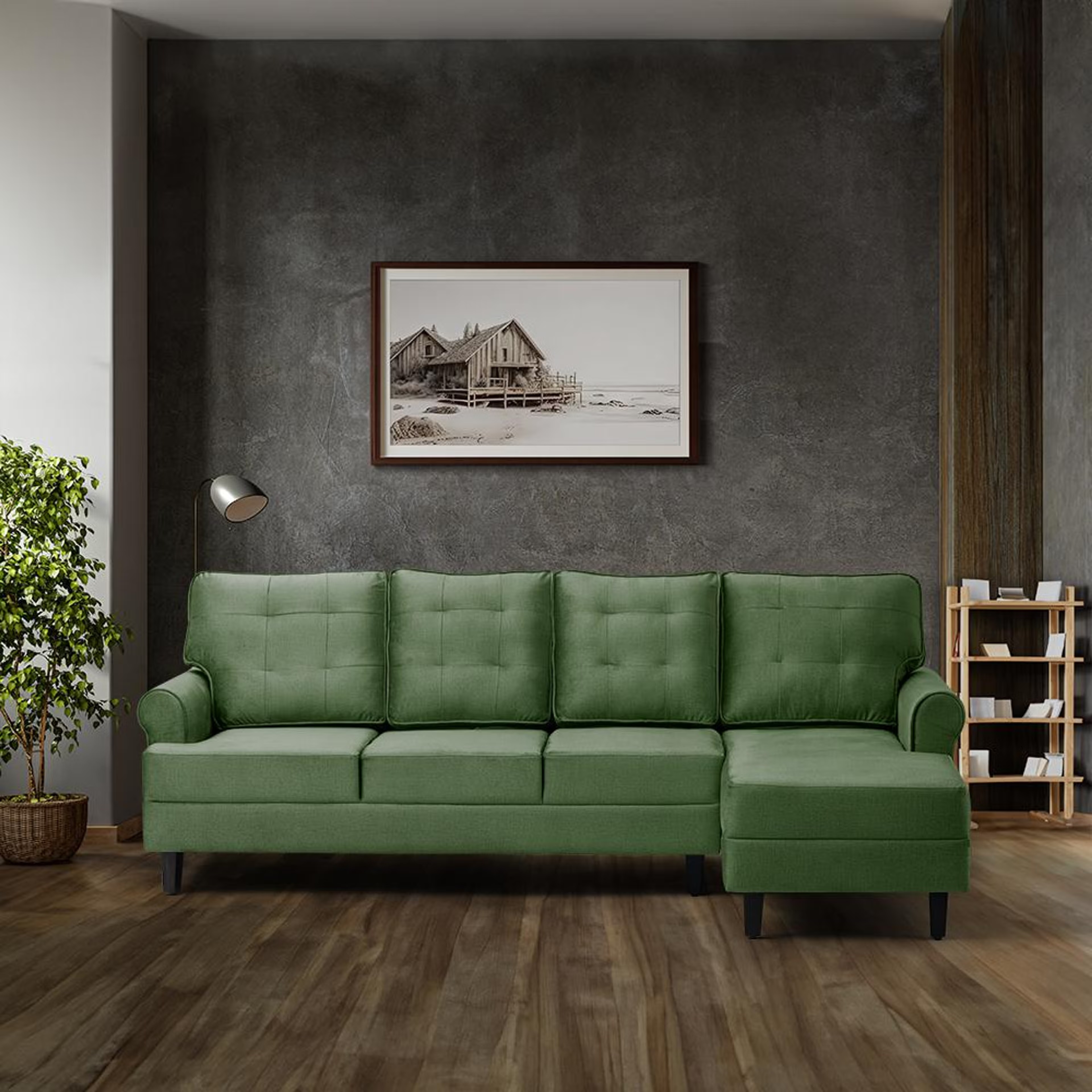 Wakefit Dreamer Plus L Shape Sofa Set (3 Seater + Right Aligned Chaise) Sectional, Set (3 Seater + Right Aligned Chaise), Green