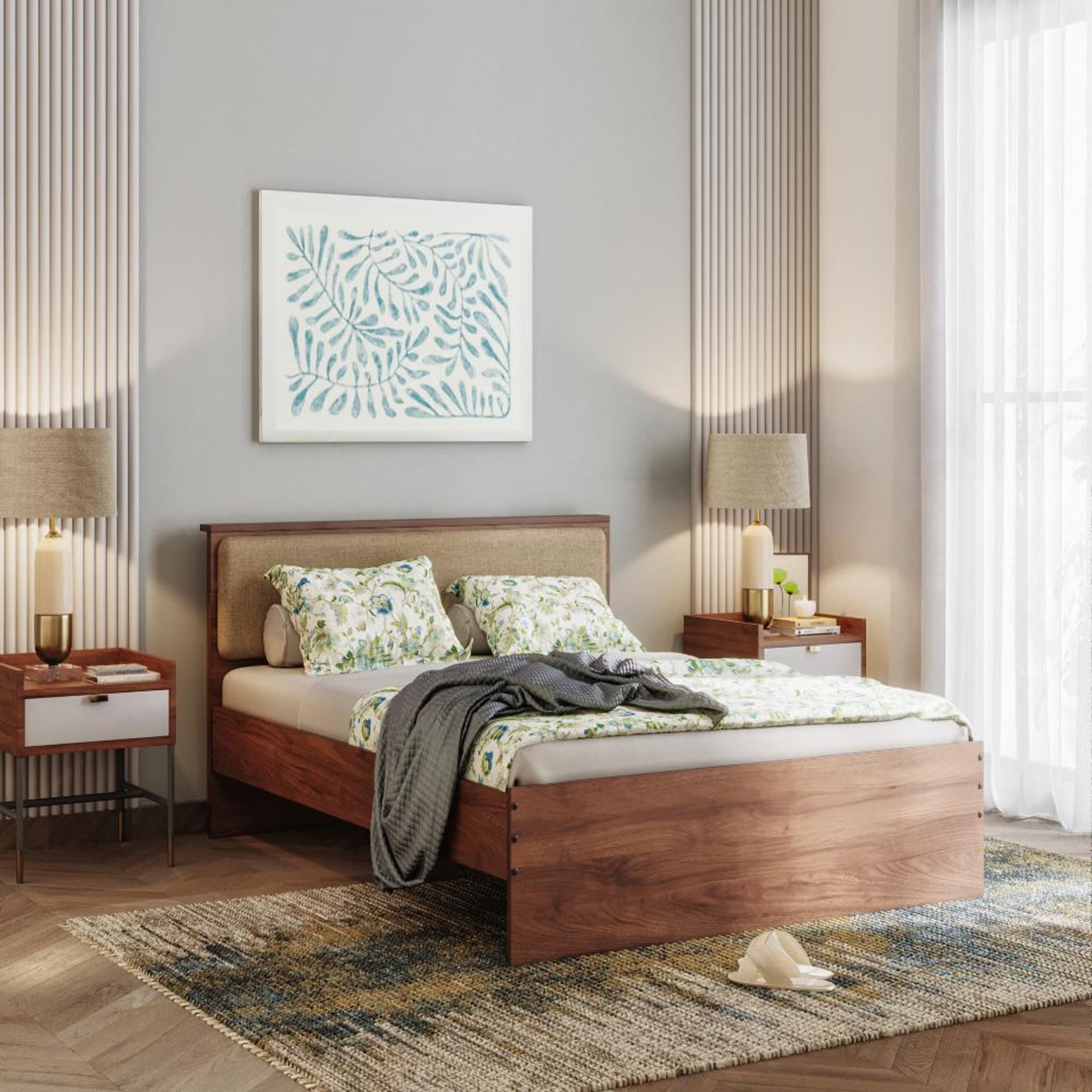 Wakefit Taurus Queen Non - Storage Engineered Wood Bed With Omega Pearl Upholstered Headboard Queen - 78" x 60\
