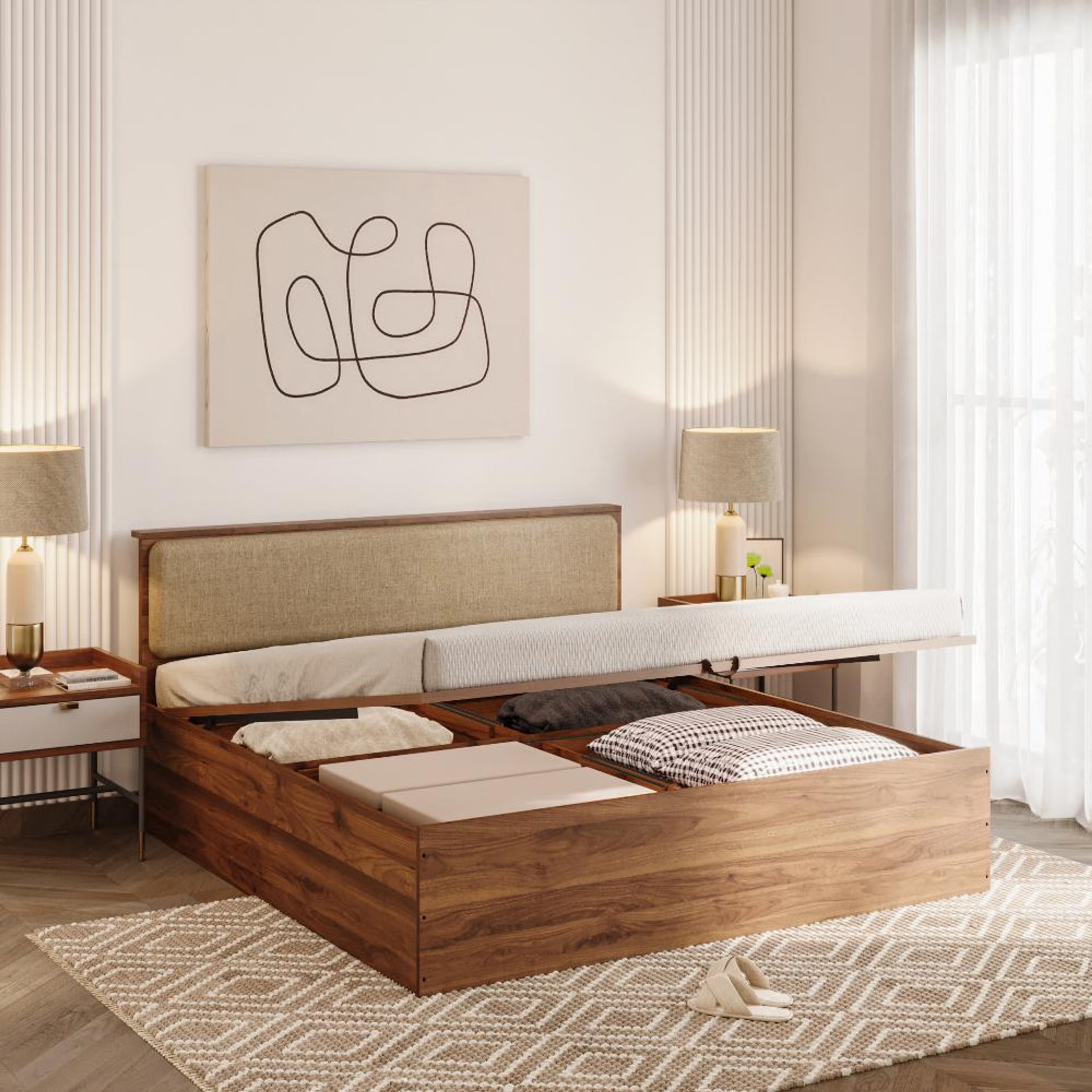 Home 28 Wakefit Taurus King Storage Engineered Wood Bed With Hydraulic Mechanism With Omega Pearl Upholstered Headboard King - 78" x 72\