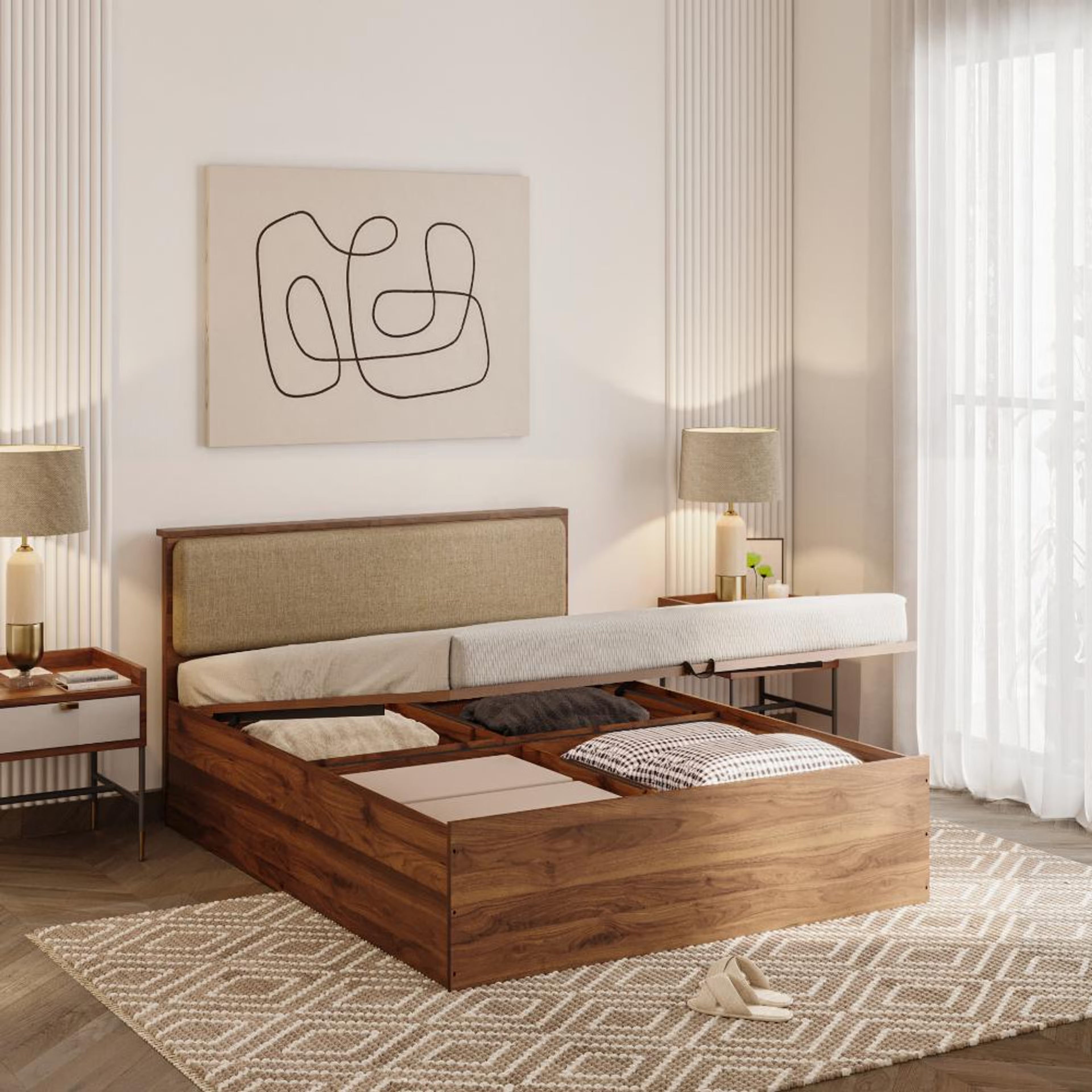 Wakefit Taurus Queen Storage Engineered Wood Bed With Hydraulic Mechanism With Omega Pearl Upholstered Headboard Queen - 78" x 60\