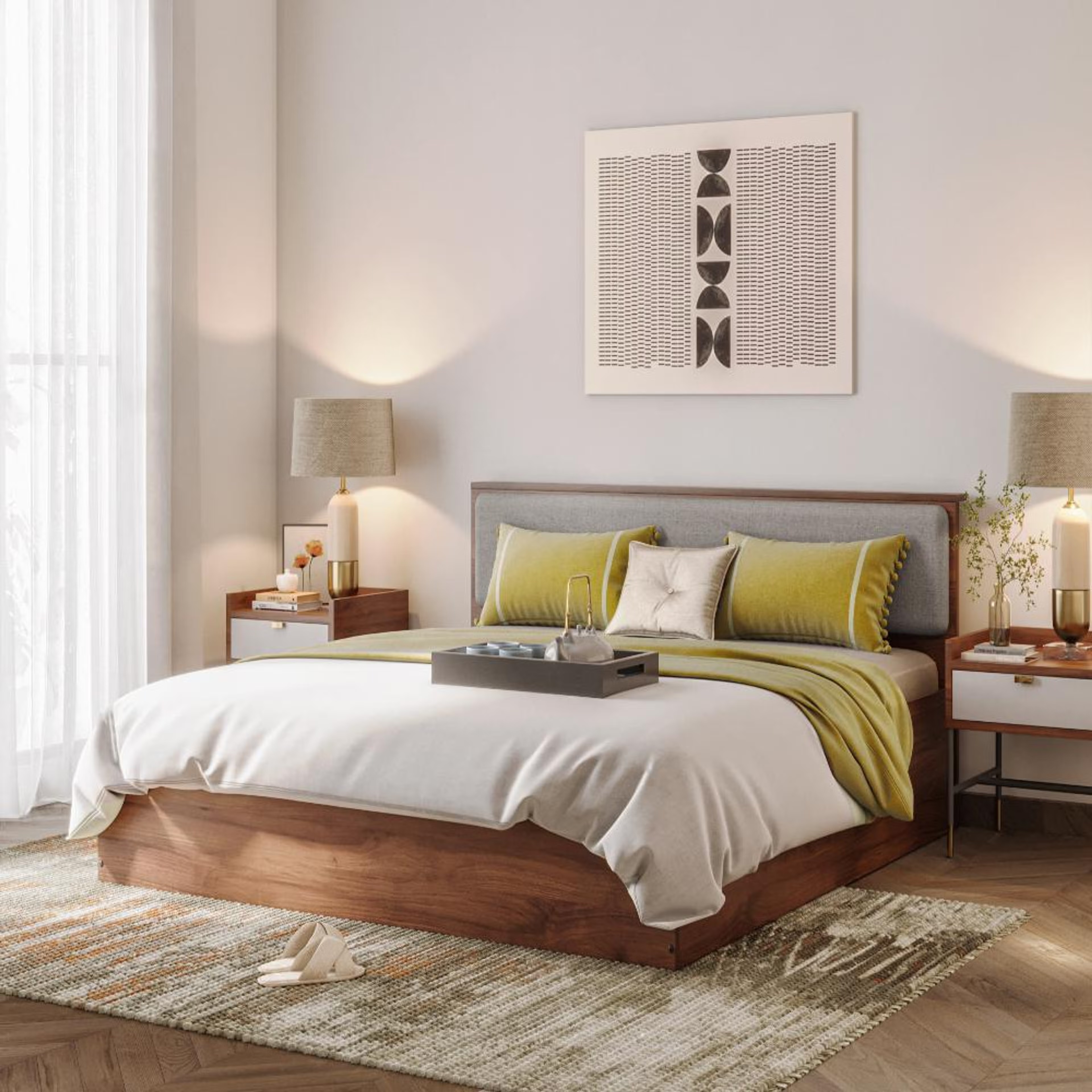 Home 36 Wakefit Taurus King Storage Engineered Wood Bed With Omega Grey Upholstered Headboard King - 78" x 72\