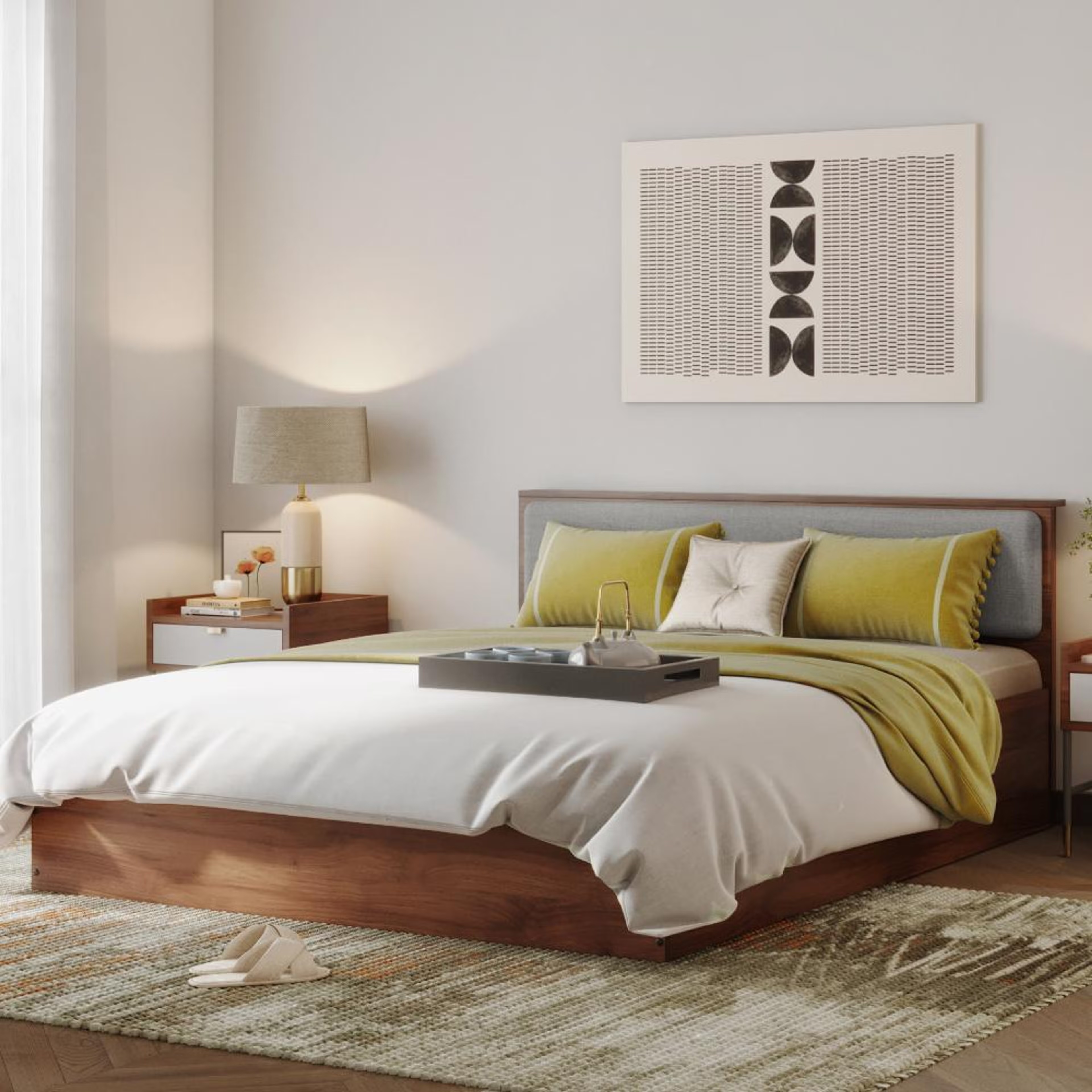 Wakefit Taurus Queen Storage Engineered Wood Bed With Omega Grey Upholstered Headboard Queen - 78" x 60\