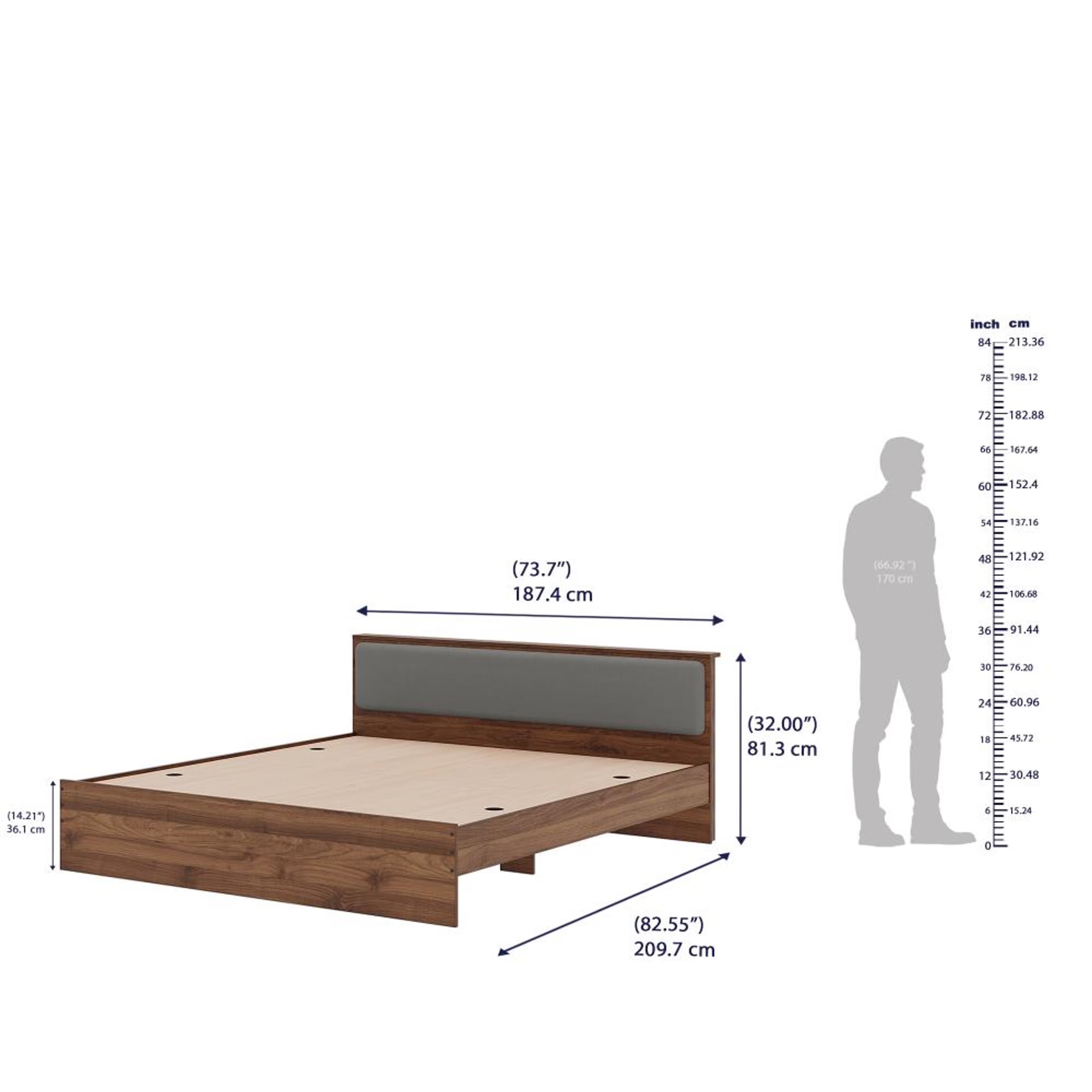 Home 29 Wakefit Taurus King Non - Storage Engineered Wood Bed With Omega Grey Upholstered Headboard King - 78" x 72\