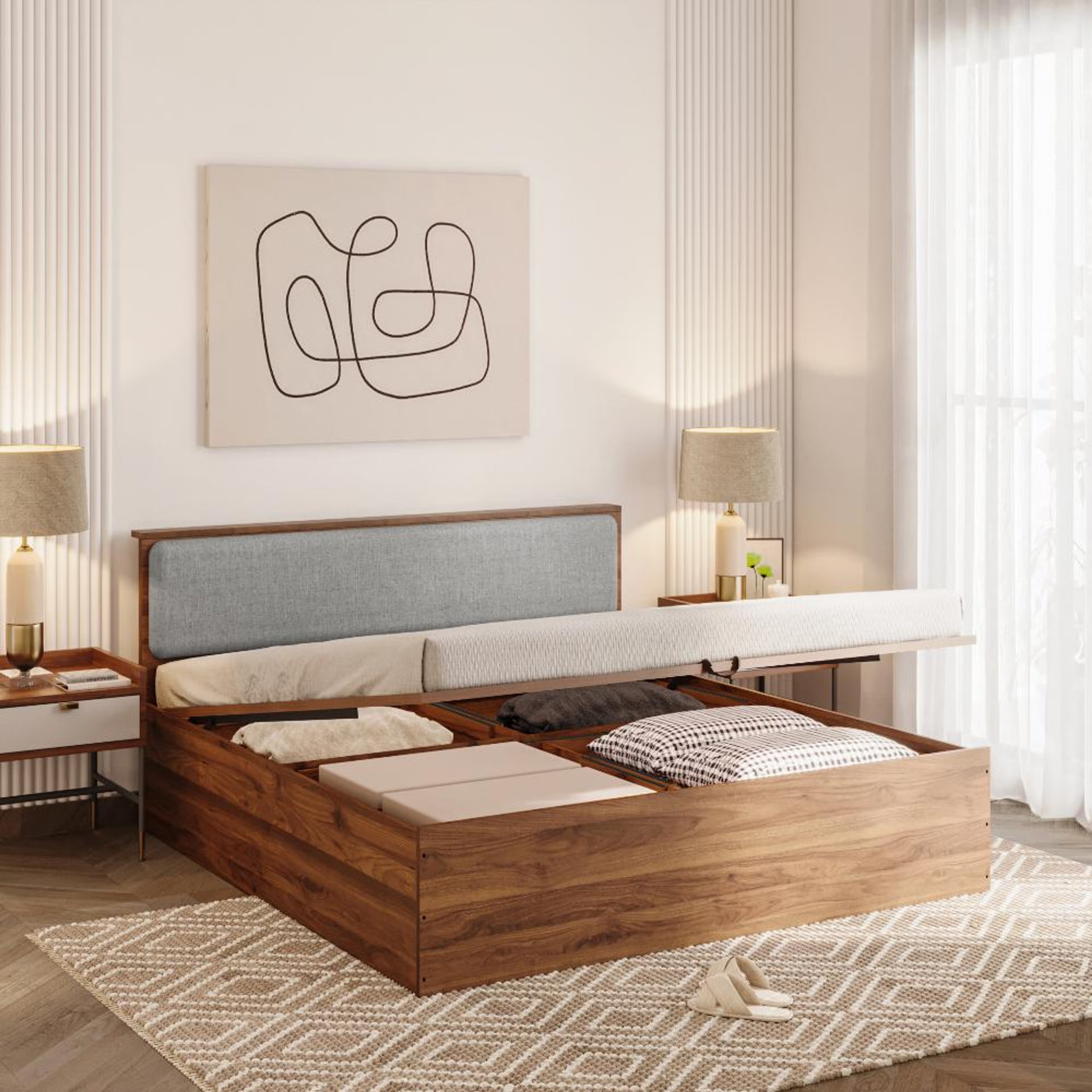Home 37 Wakefit Taurus King Storage Engineered Wood Bed With Hydraulic Mechanism With Omega Grey Upholstered Headboard King - 78" x 72\