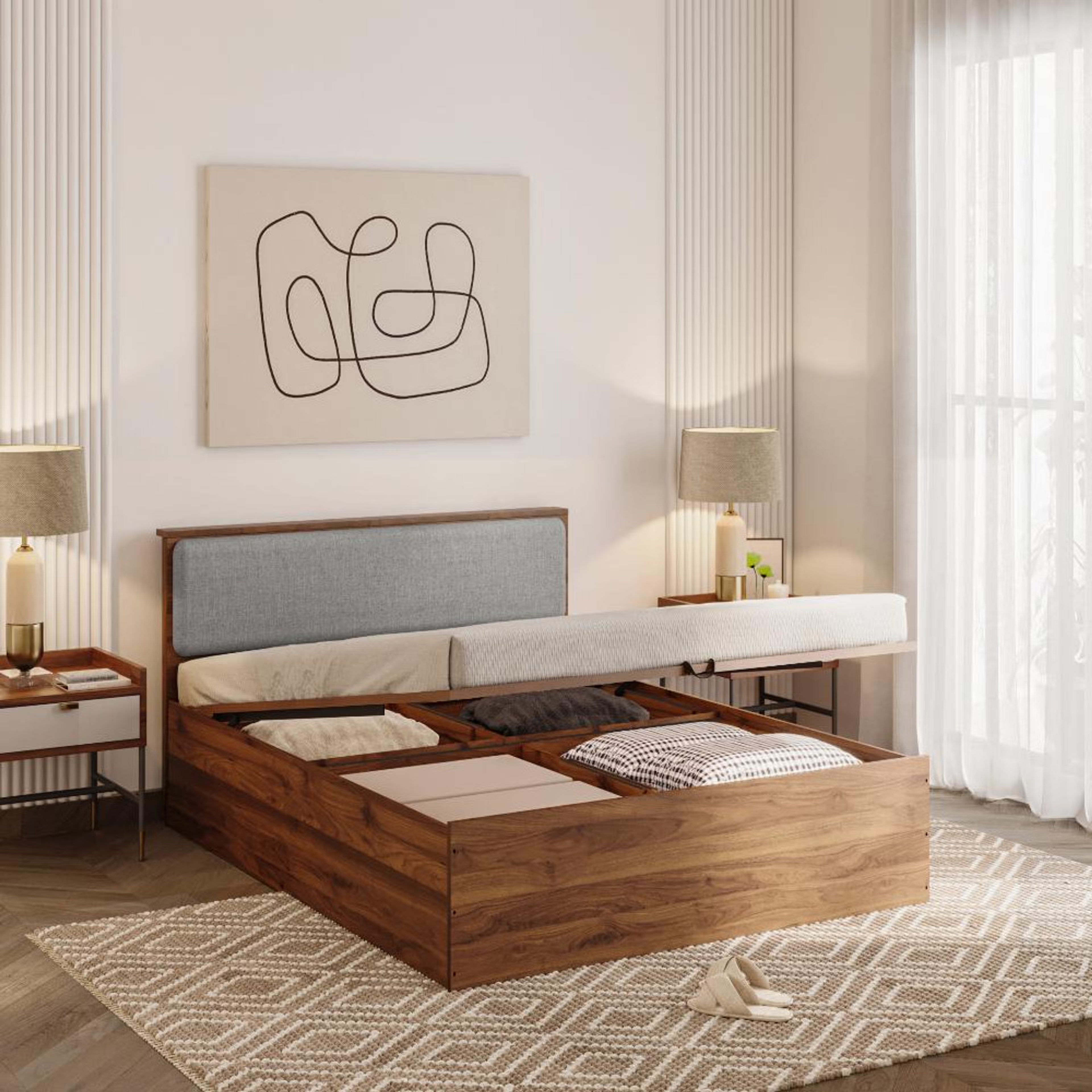 Wakefit Taurus Queen Storage Engineered Wood Bed With Hydraulic Mechanism With Omega Grey Upholstered Headboard Queen - 78" x 60\