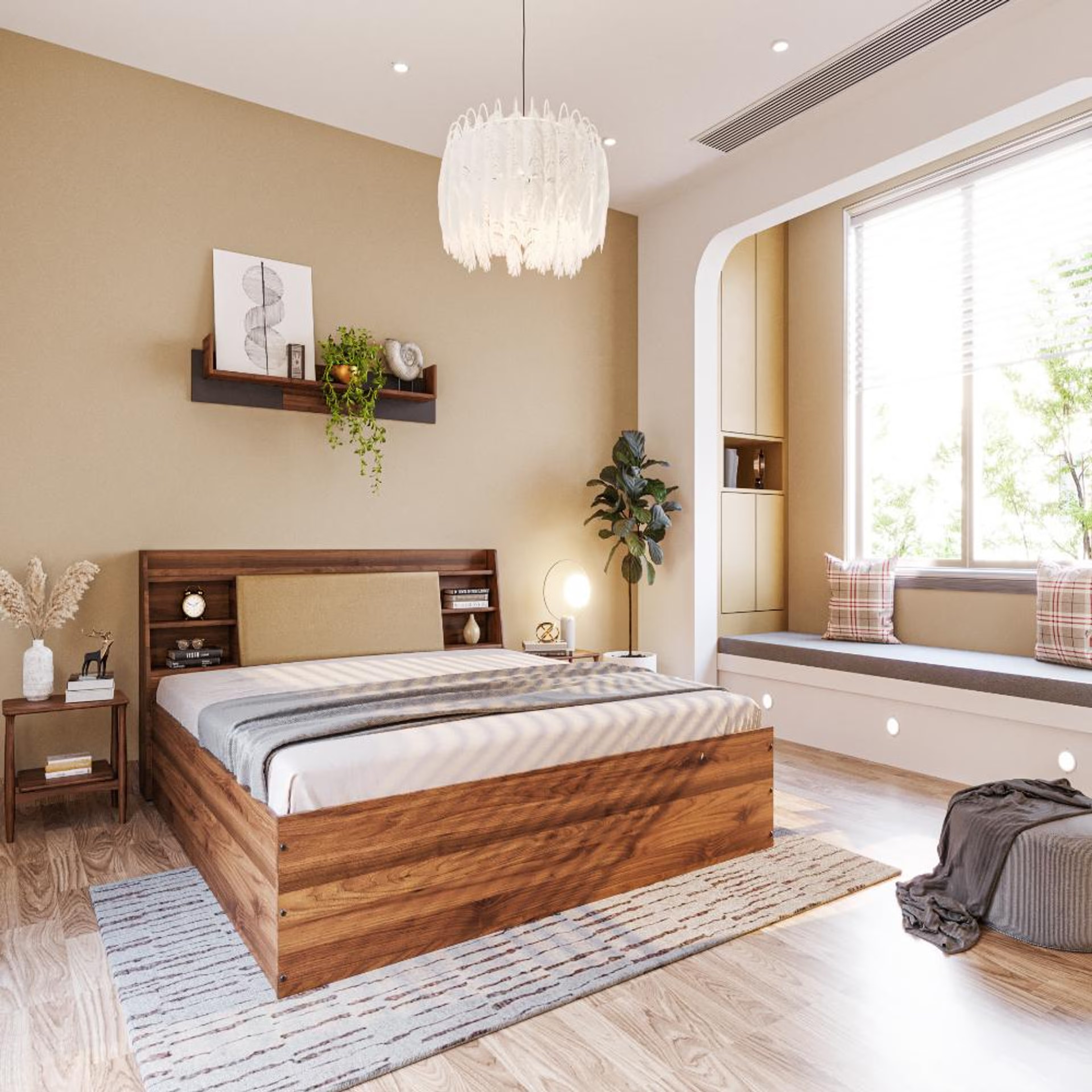 Wakefit Leo King Storage Engineered Wood Bed With Omega Pearl Upholstered Headboard King - 78" x 72\