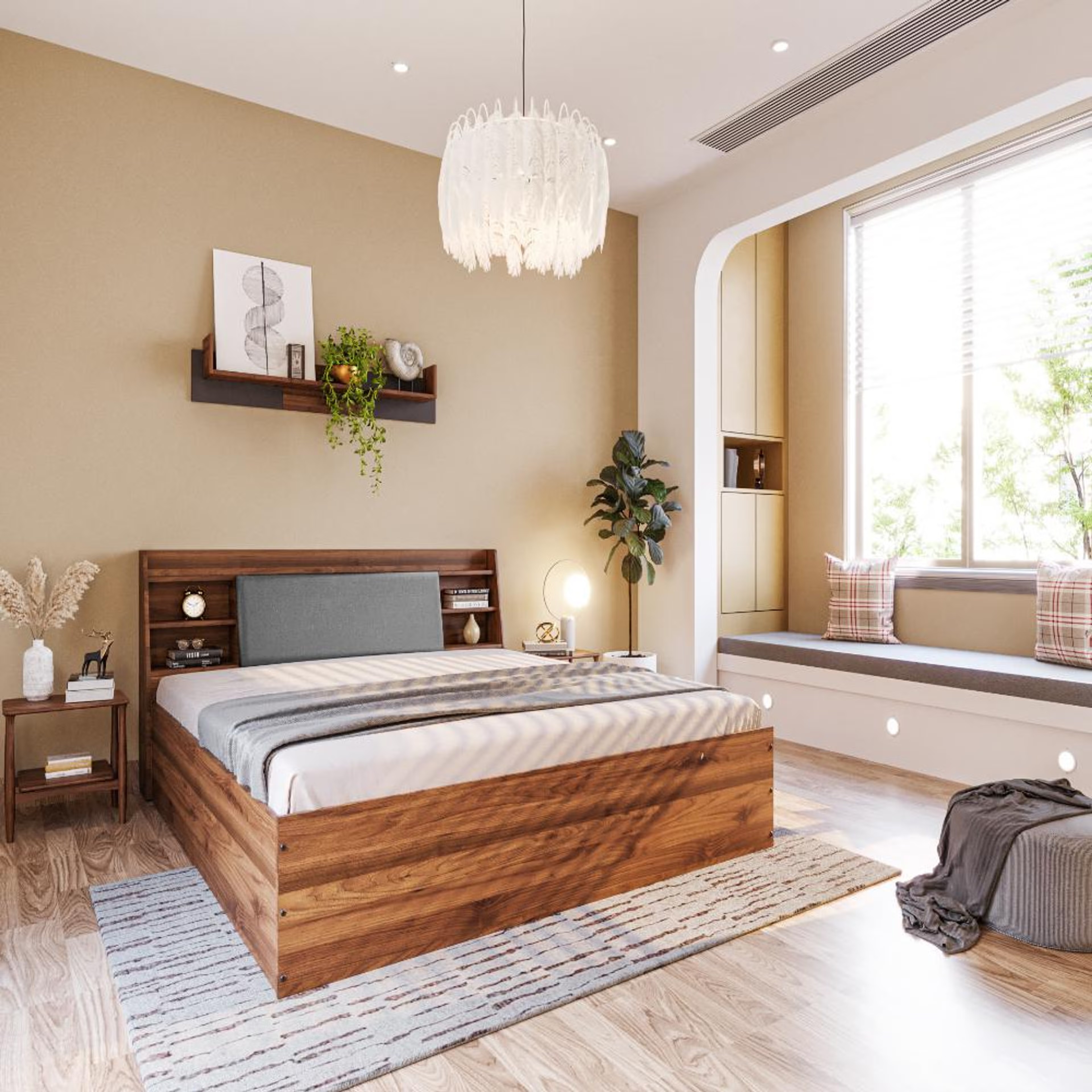 Wakefit Leo King Storage Engineered Wood Bed With Omega Grey Upholstered Headboard King - 78" x 72\