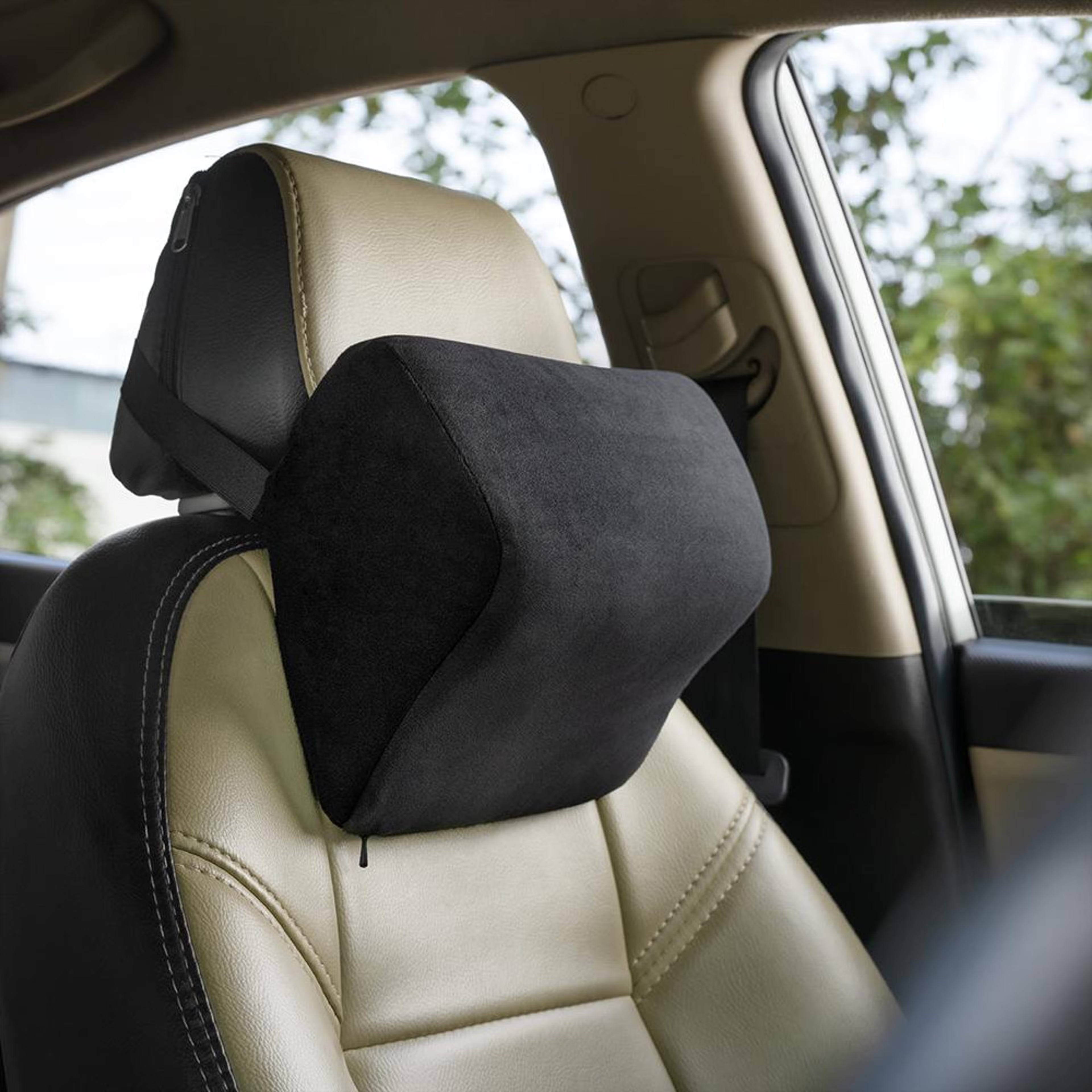 Car Neck Rest Pillow | Memory Foam | Regular (11x8x5 Inch) | For Neck, Head & Shoulder Support | Machine Washable Cover | Fits on all Car Seats | Black Black, Regular