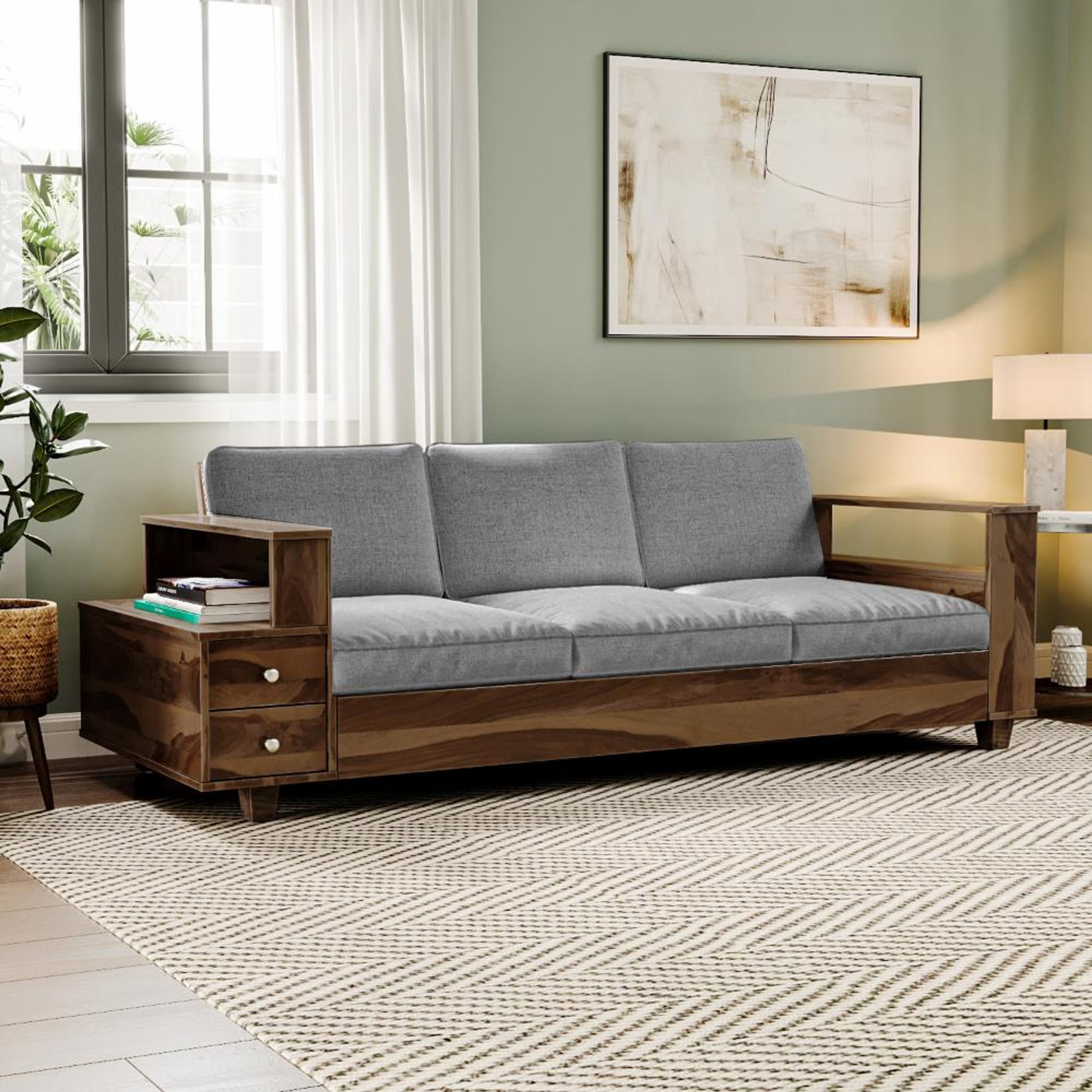 Wakefit Manila Sheesham Wood Sofa - Three Seater Regular, 3 Seater, Omega Grey