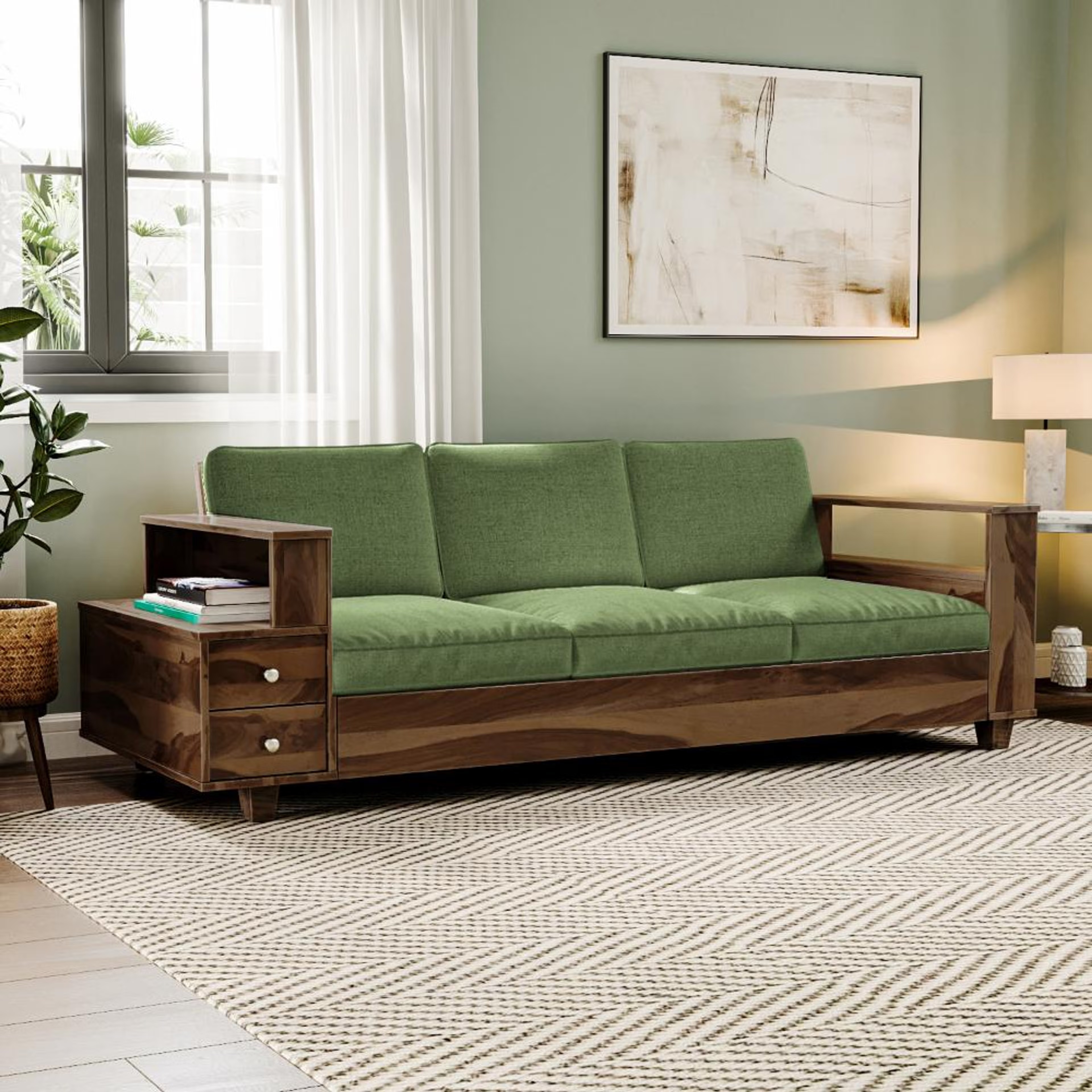 Wakefit Manila Sheesham Wood Sofa - Three Seater Regular, 3 Seater, Omega Green