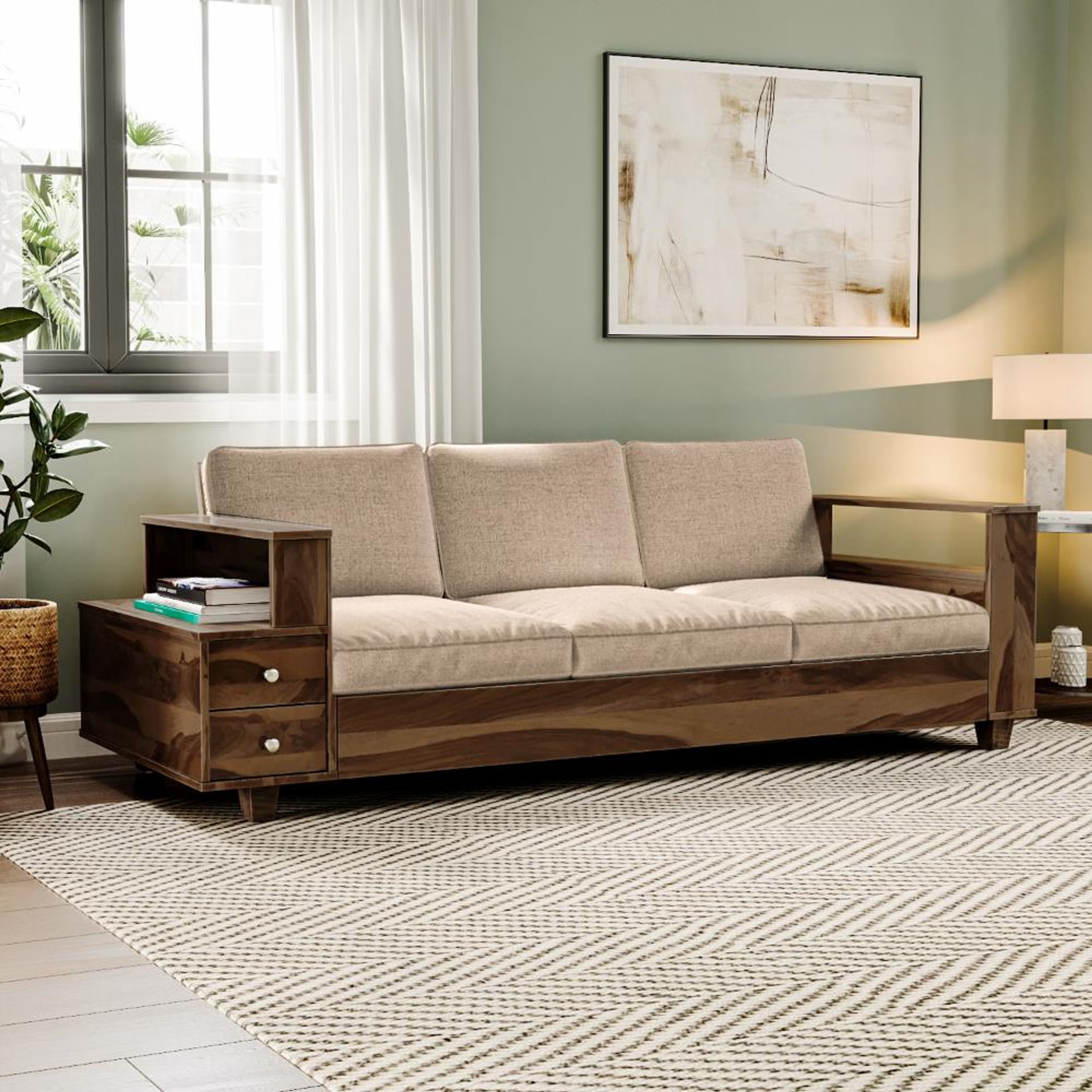 Wakefit Manila Sheesham Wood Sofa - Three Seater Regular, 3 Seater, Omega Pearl