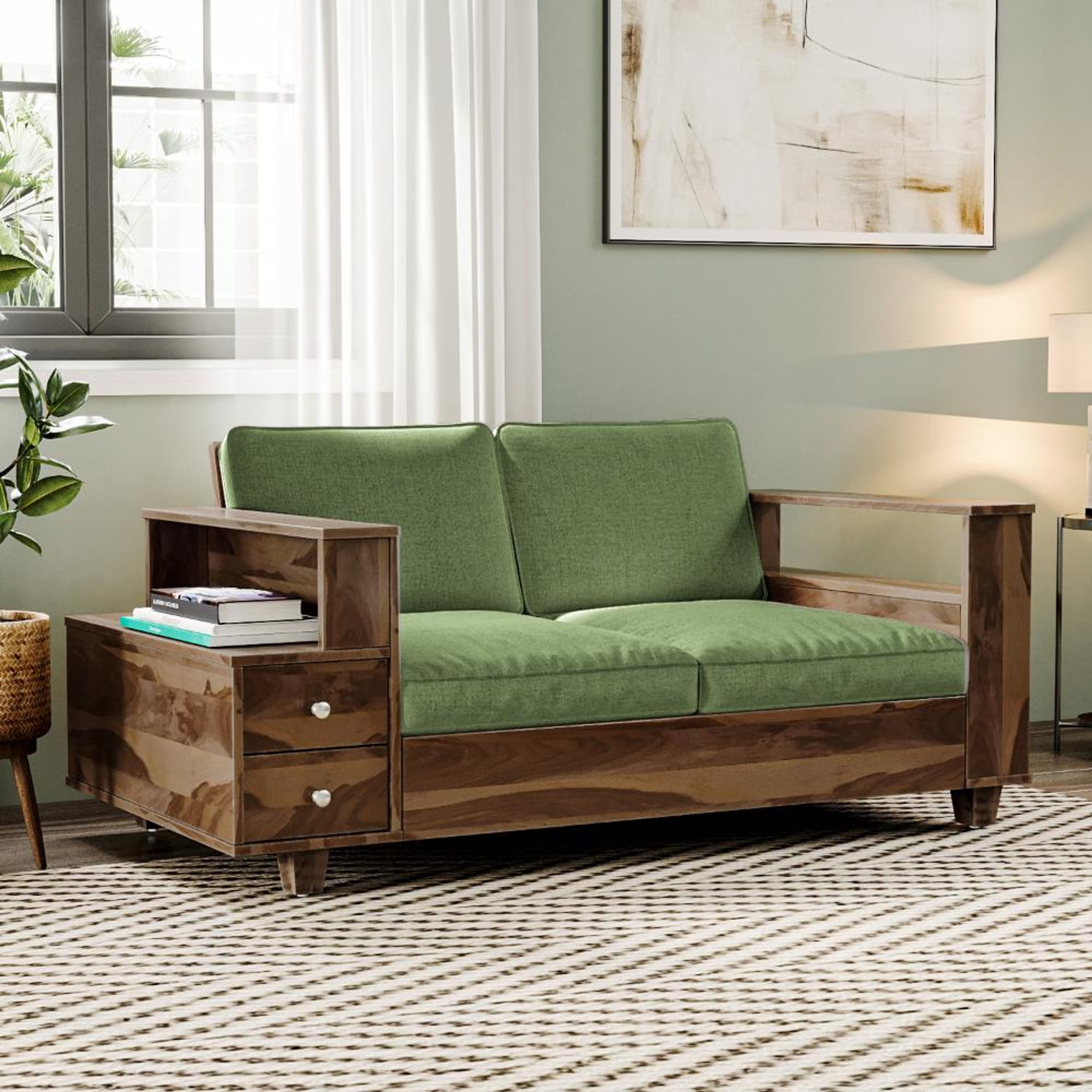 Home 34 Wakefit Manila Sheesham Wood Sofa - Two Seater Regular, 2 Seater, Omega Green