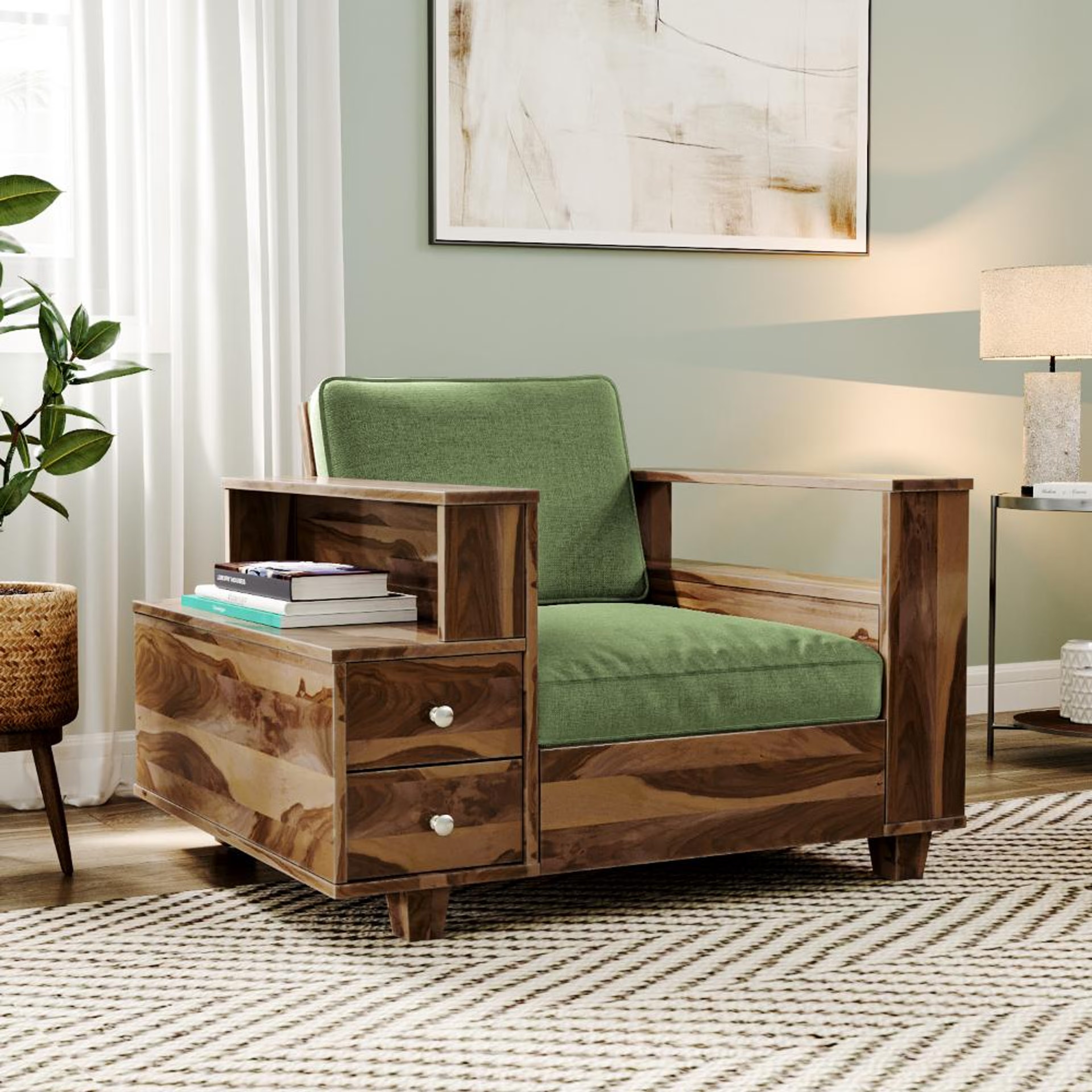 Wakefit Manila Sheesham Wood Sofa - Single Seater Regular, 1 Seater, Omega Green