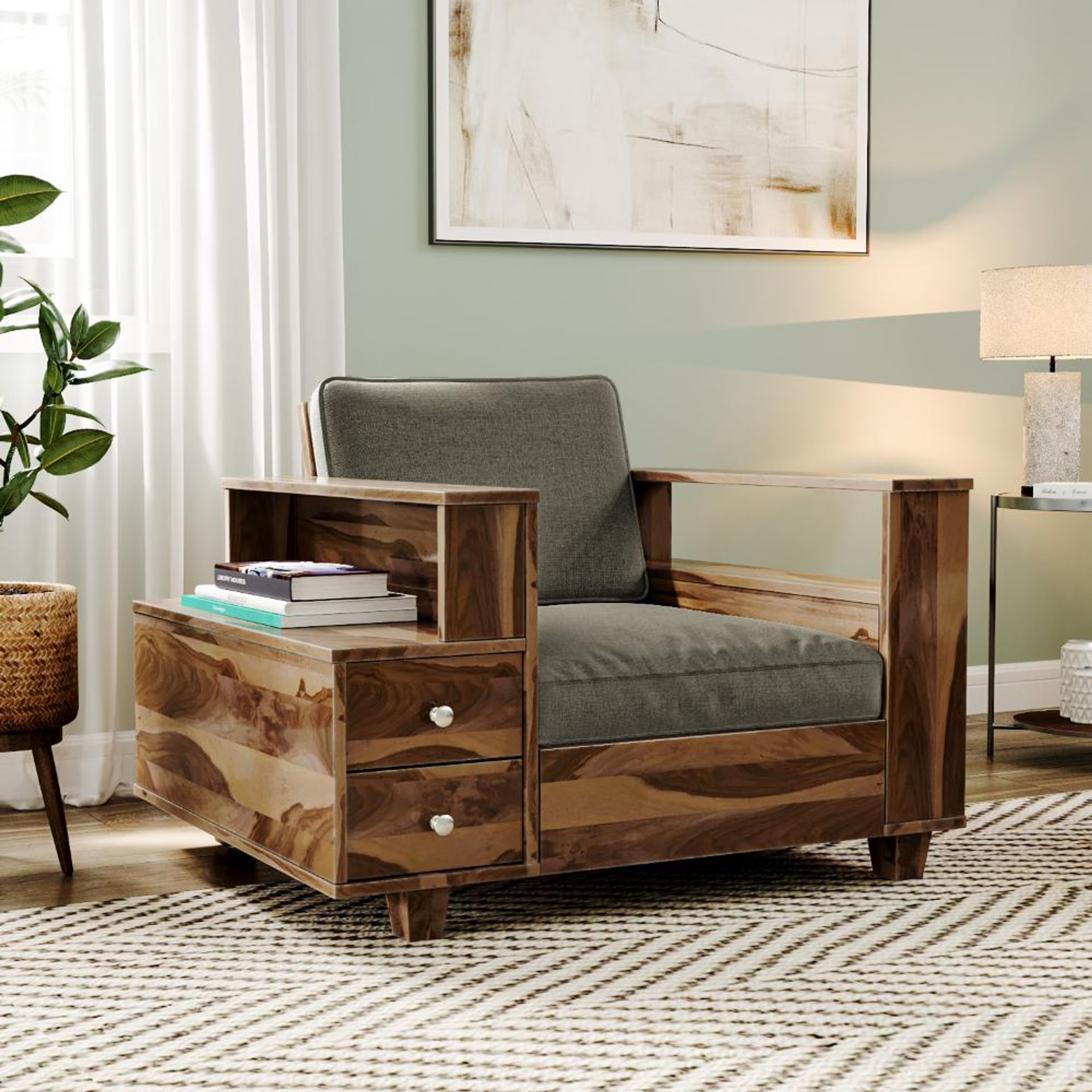 Wakefit Manila Sheesham Wood Sofa - Single Seater Regular, 1 Seater, Ash Grey