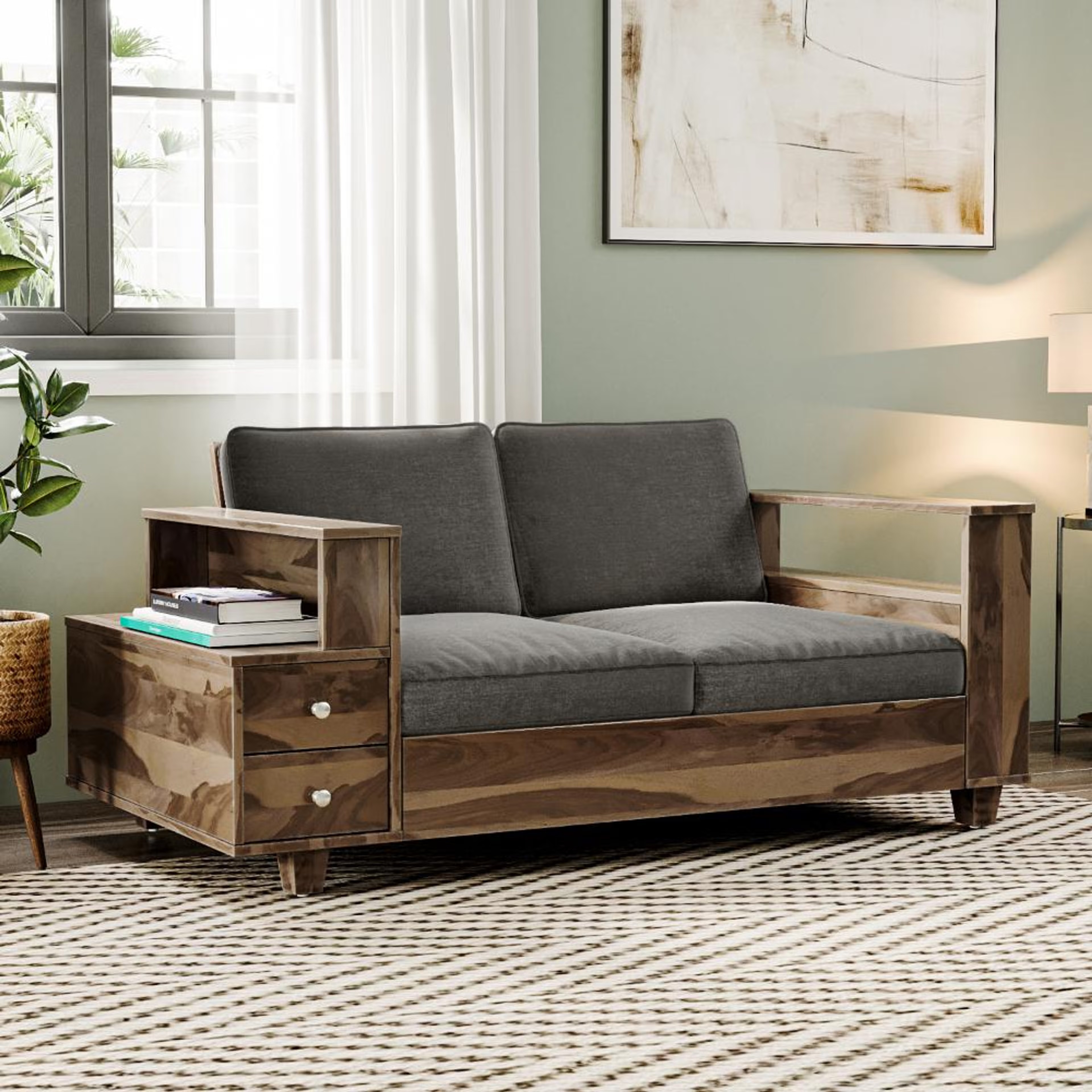 Wakefit Manila Sheesham Wood Sofa - Two Seater Regular, 2 Seater, Graphite