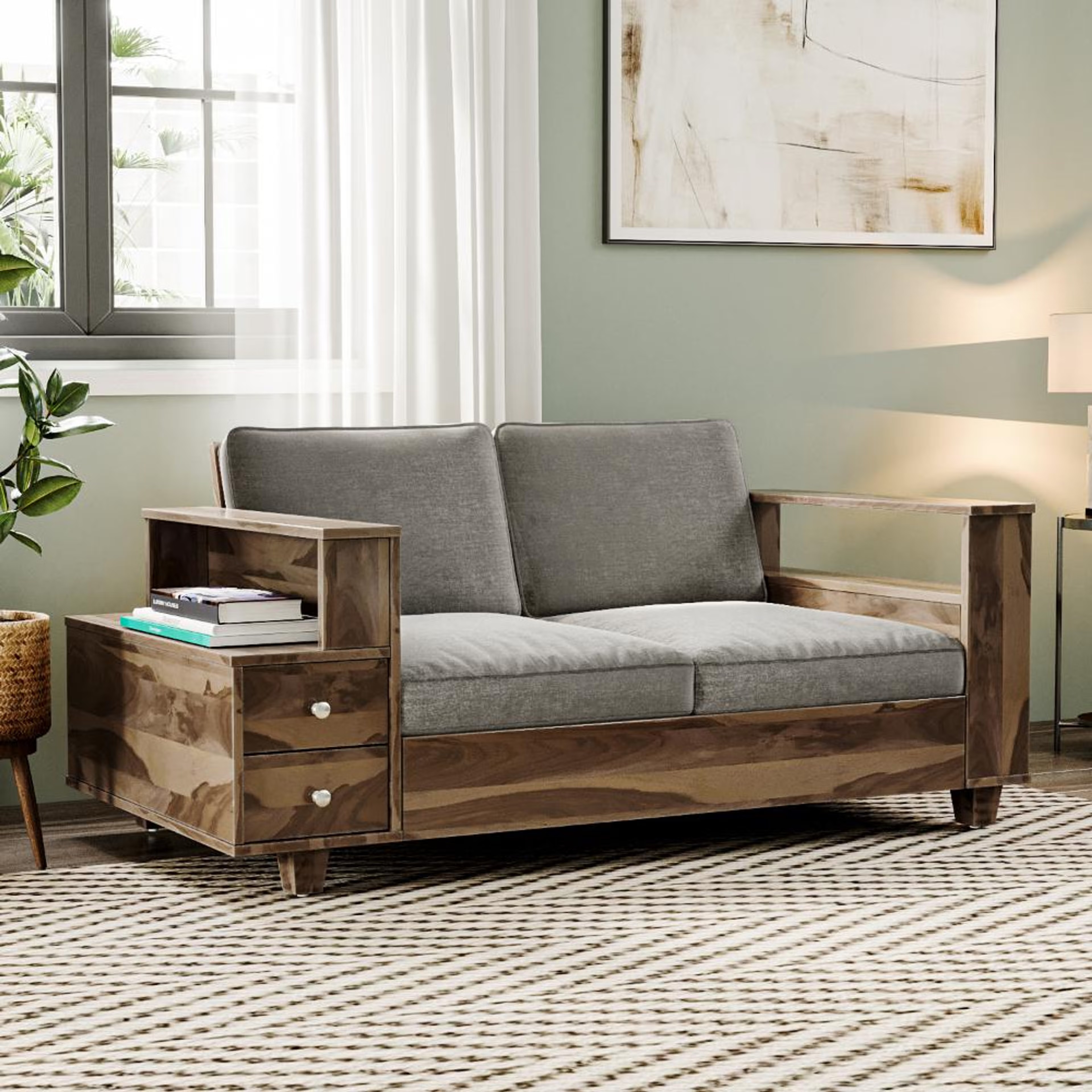 Wakefit Manila Sheesham Wood Sofa - Two Seater Regular, 2 Seater, Taupe