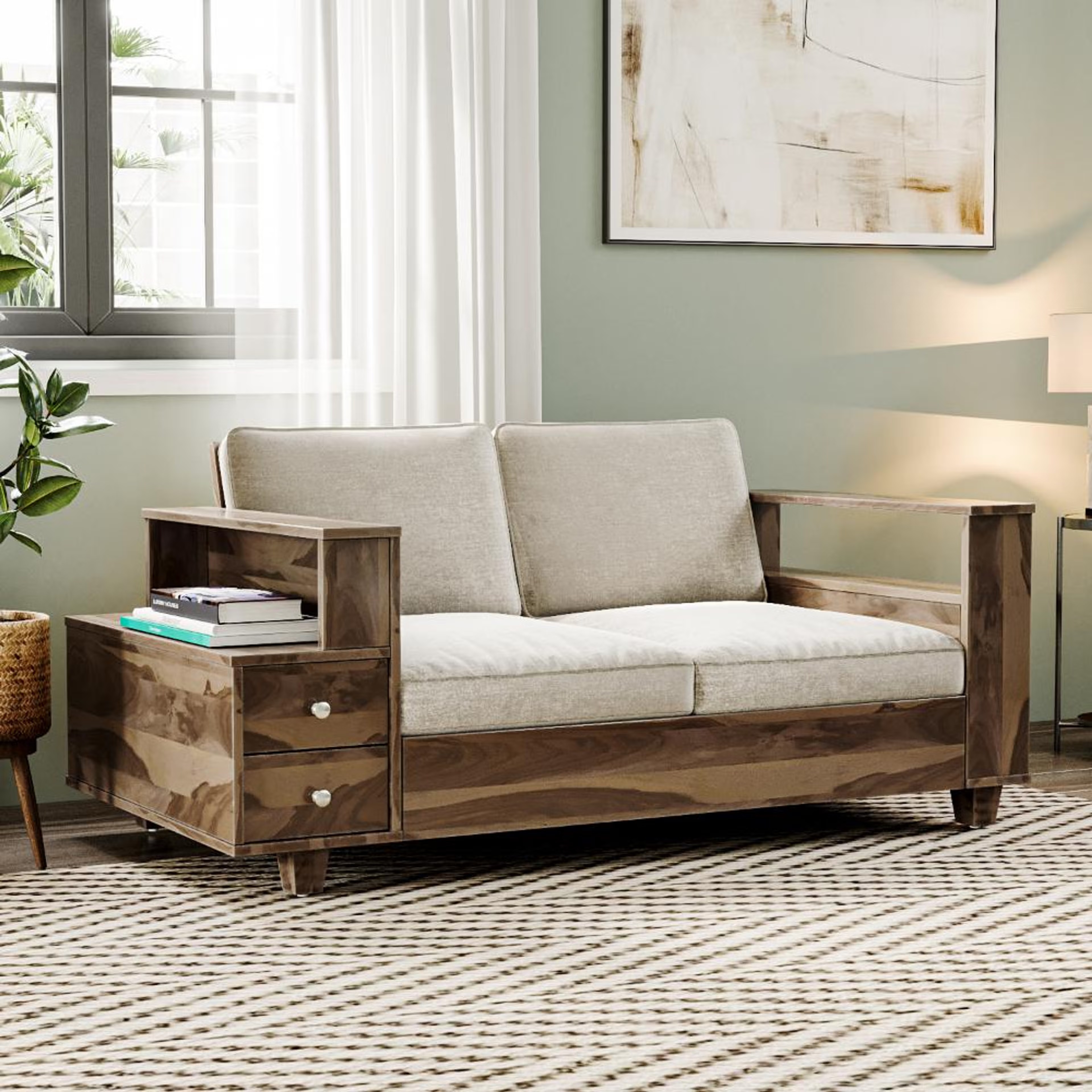Wakefit Manila Sheesham Wood Sofa - Two Seater Regular, 2 Seater, Beige