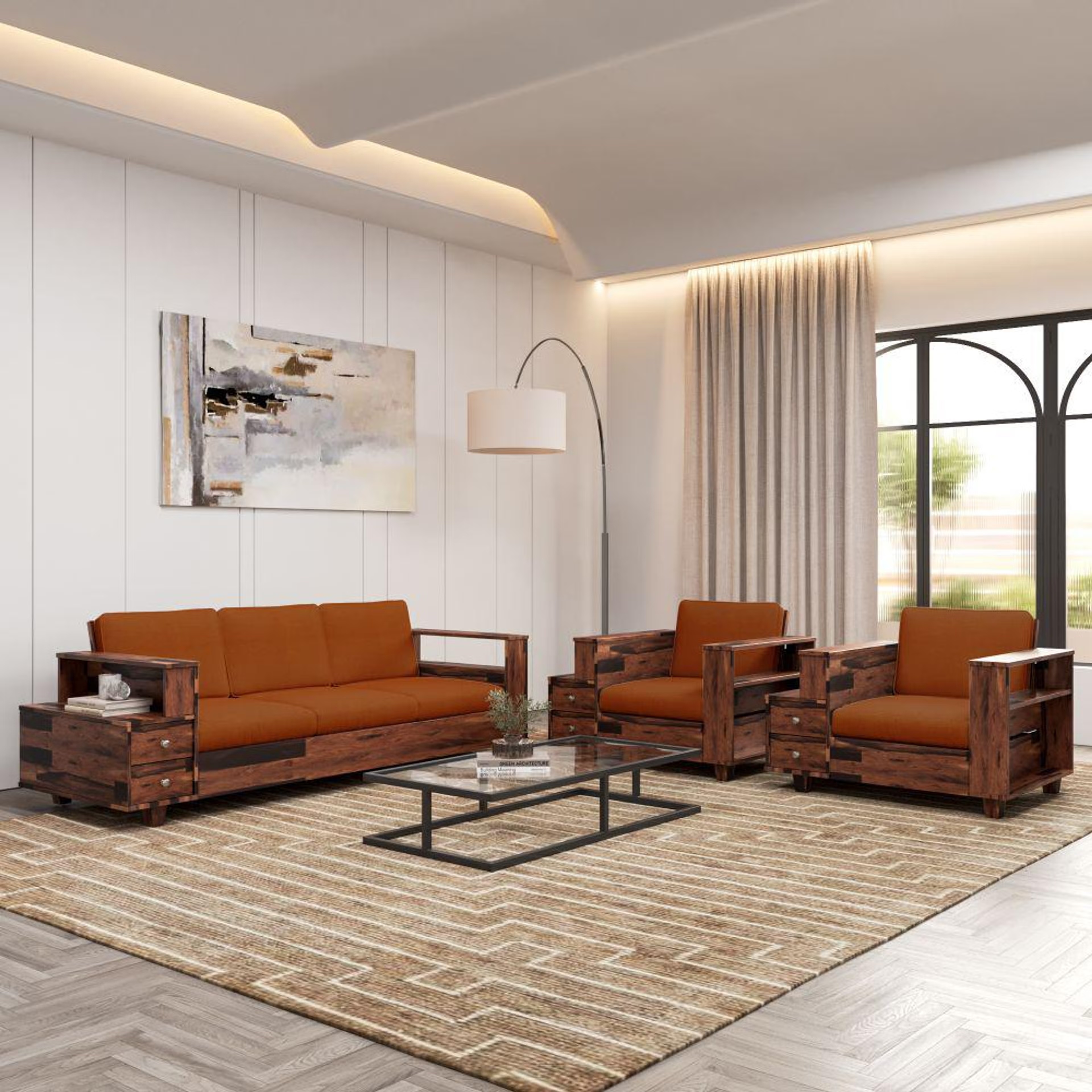Wakefit Manila Solid Wood Sofa - Three Seater Regular, 3 Seater, Terracotta