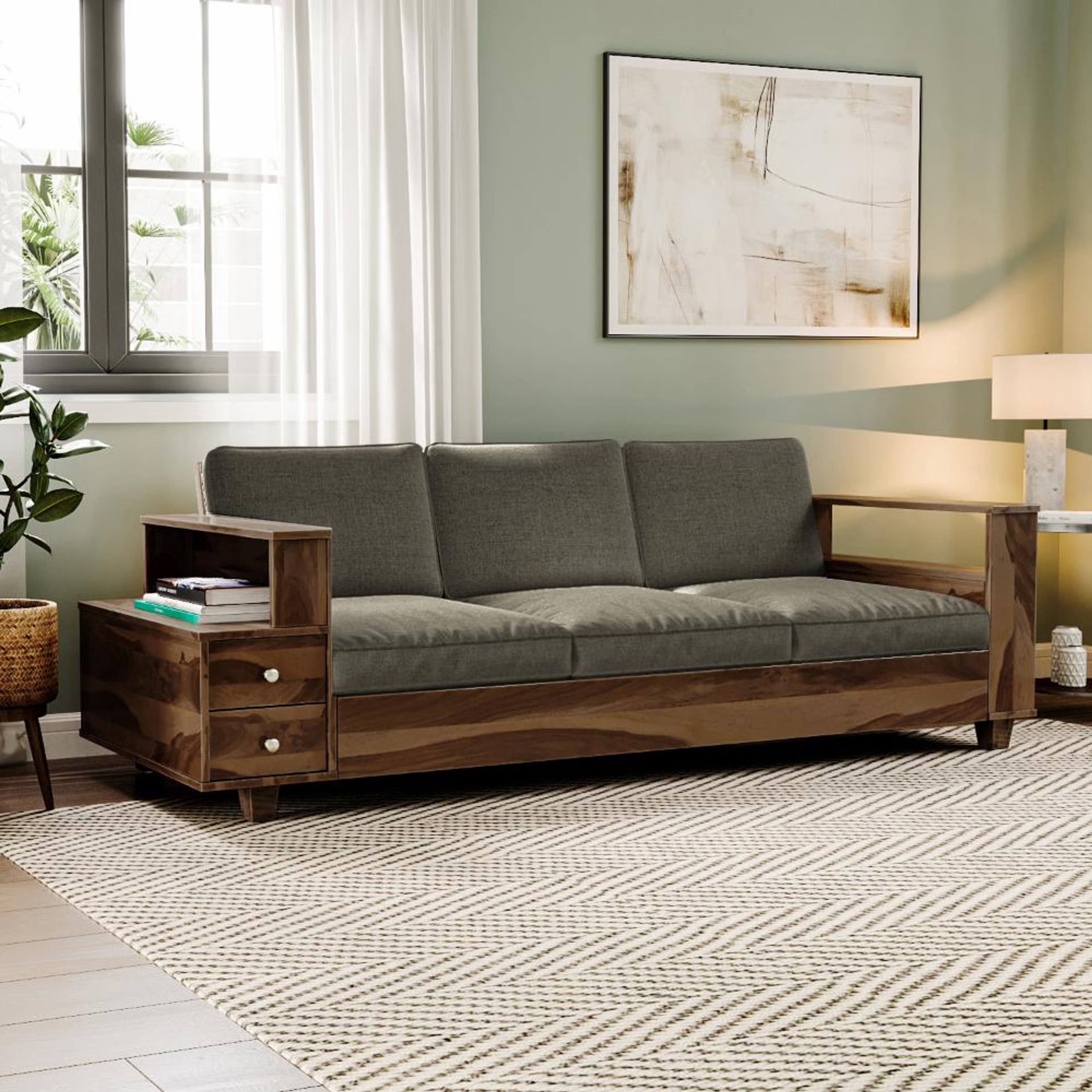 Wakefit Manila Sheesham Wood Sofa - Three Seater Regular, 3 Seater, Ash Grey