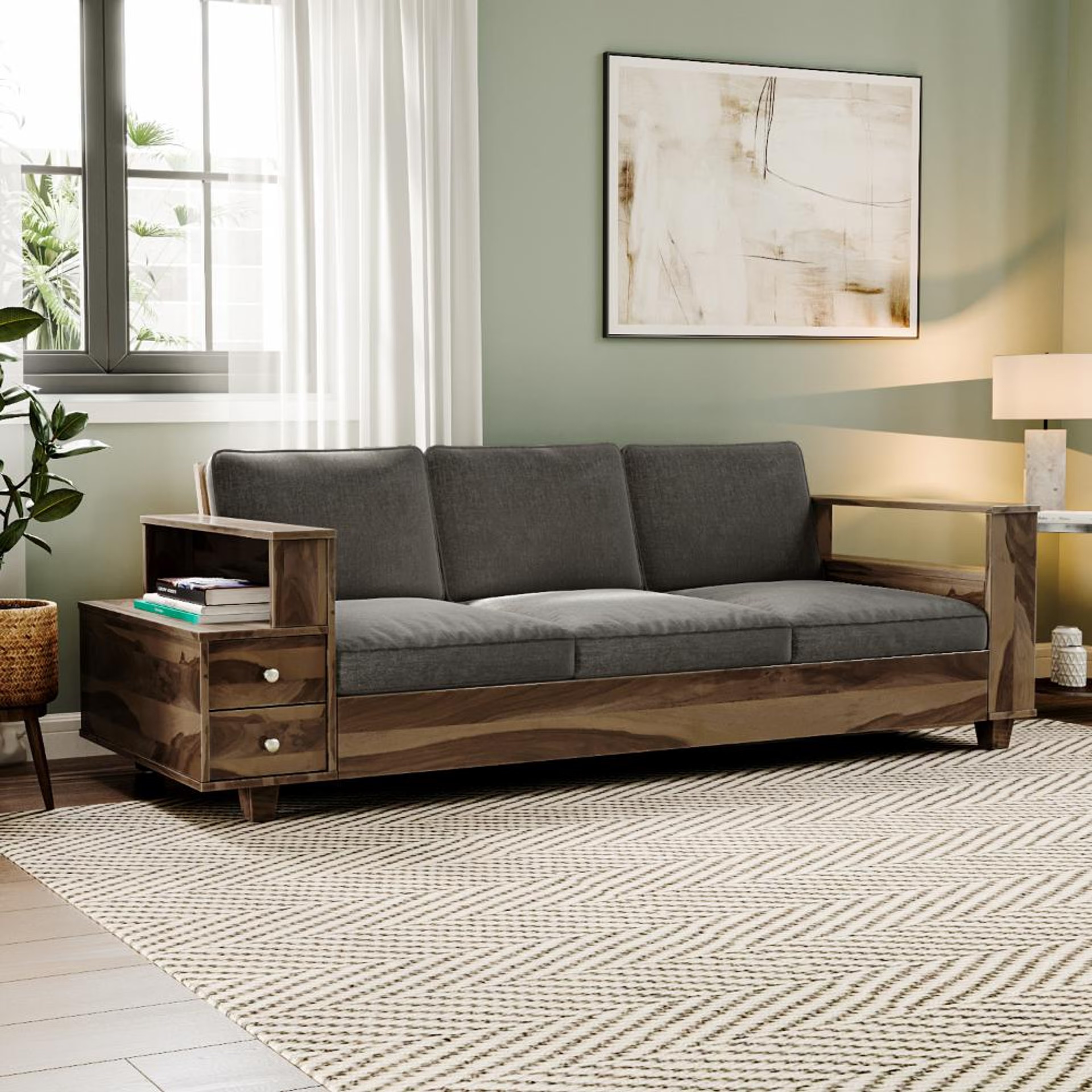 Wakefit Manila Sheesham Wood Sofa - Three Seater Regular, 3 Seater, Graphite