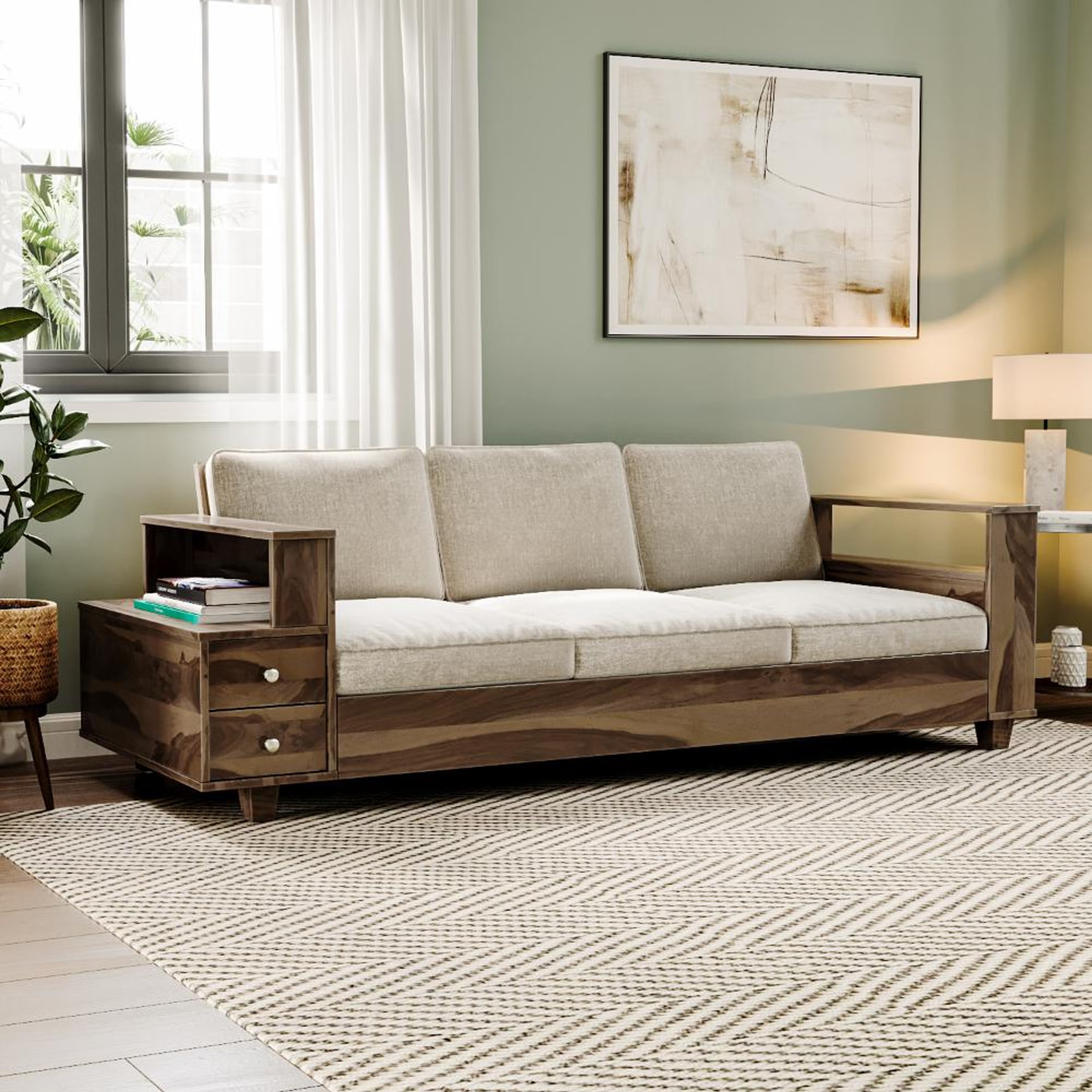 Wakefit Manila Sheesham Wood Sofa - Three Seater Regular, 3 Seater, Beige
