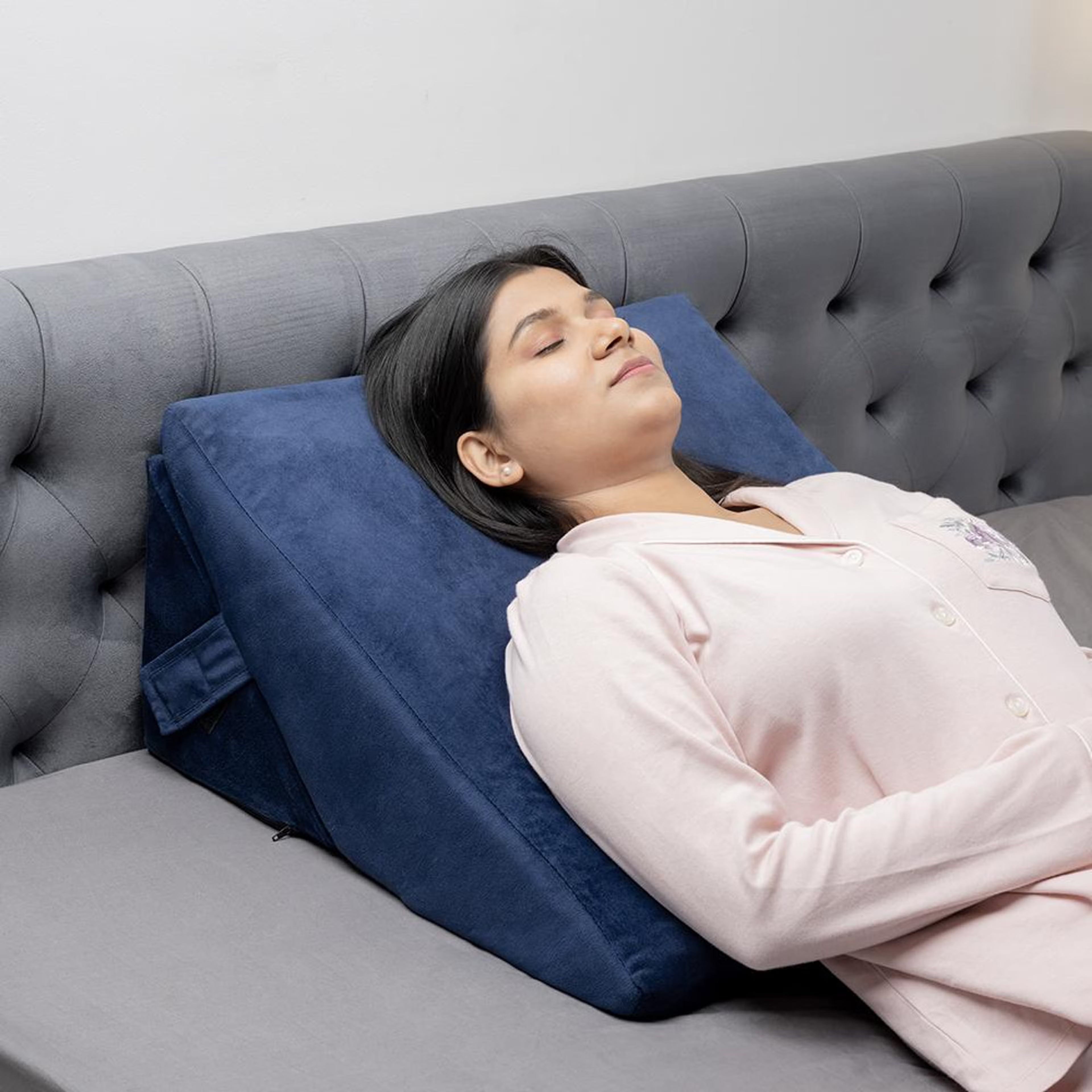 Advanced Wedge Pillow | Shape Adjustable | Prevents Acid Reflux & Snoring | Made of Memory Foam | Washable Velvet Cover | Dark Blue Advanced wedge pillow, Dark blue