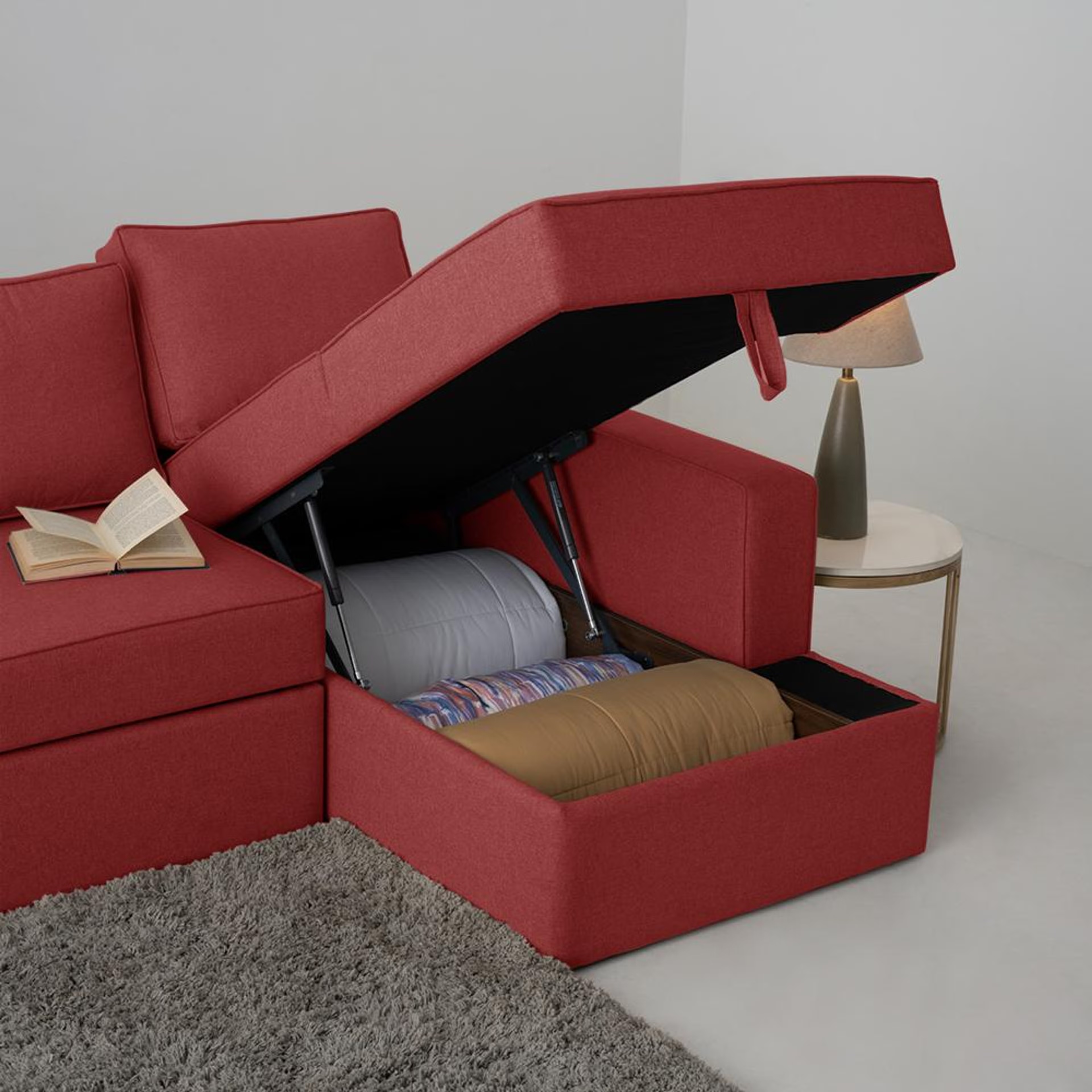 Wakefit Napper Storage L Shape Sofa Set (3 Seater + Right Aligned Chaise) Sectional, With Storage, 3 + Right Aligned Chaise, Omega Red