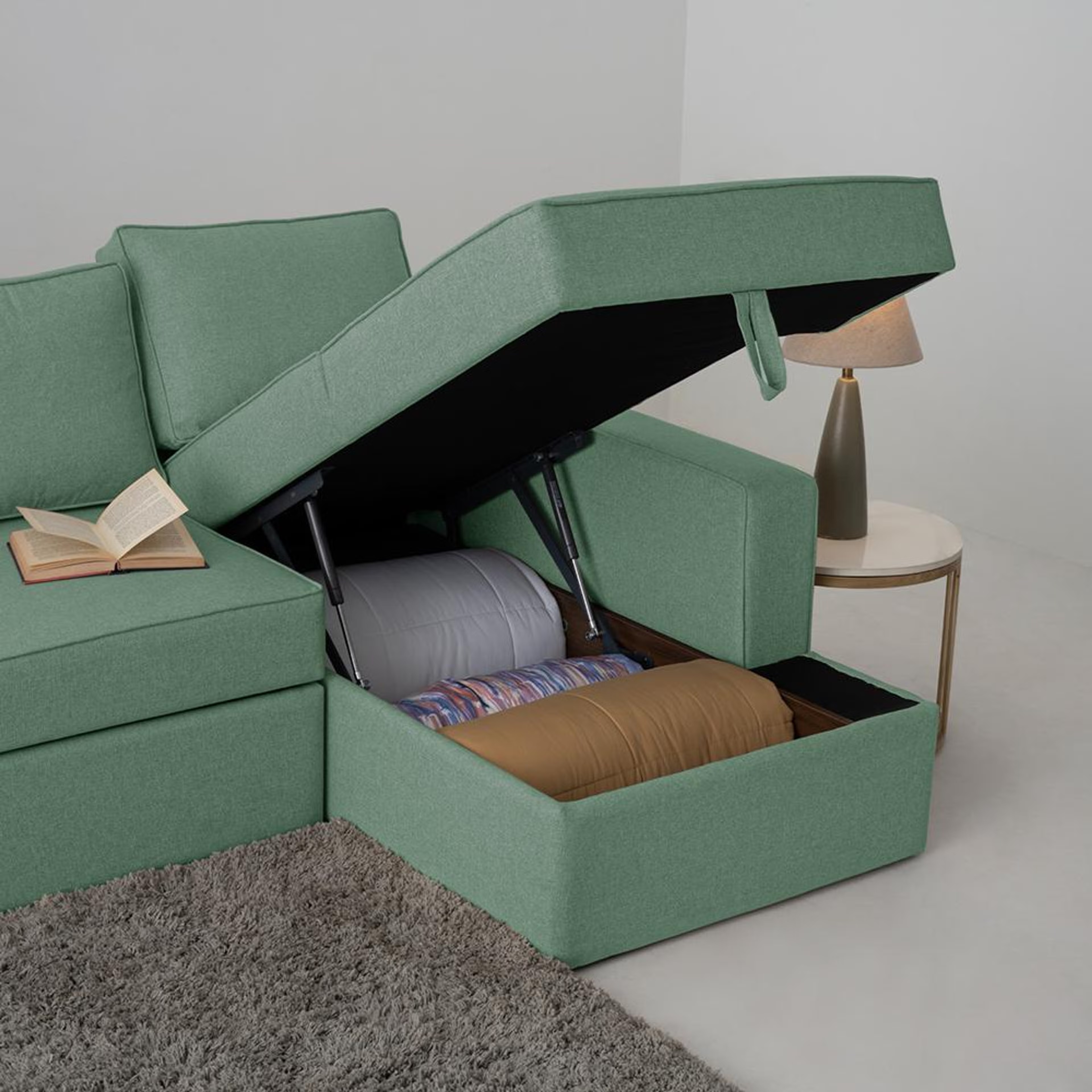 Wakefit Napper Storage L Shape Sofa Set (3 Seater + Right Aligned Chaise) Sectional, With Storage, 3 + Right Aligned Chaise, Omega Green
