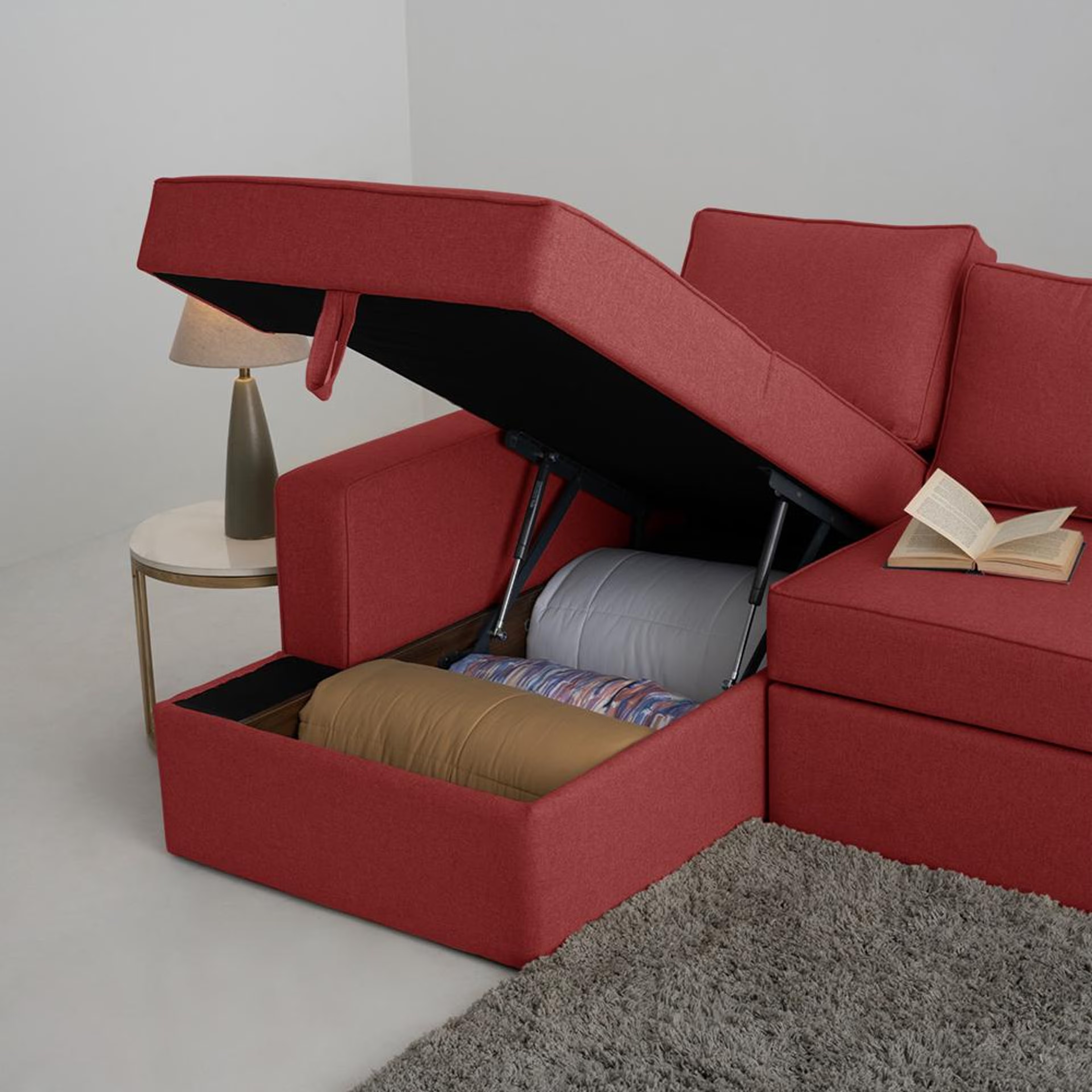 Wakefit Napper Storage L Shape Sofa Set (3 Seater + Left Aligned Chaise) Sectional, With Storage, 3 + Left Aligned Chaise, Omega Red