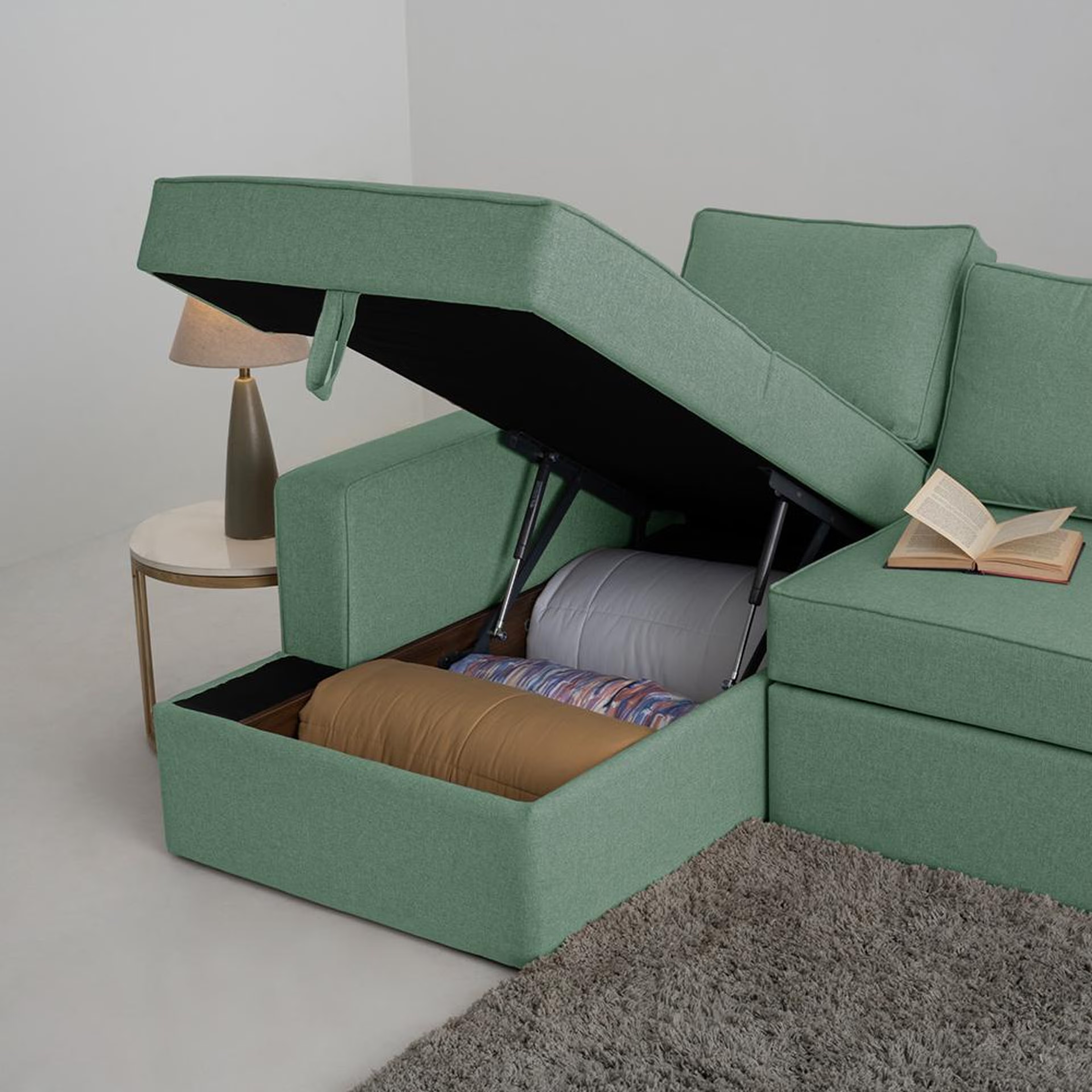 Wakefit Napper Storage L Shape Sofa Set (3 Seater + Left Aligned Chaise) Sectional, With Storage, 3 + Left Aligned Chaise, Omega Green