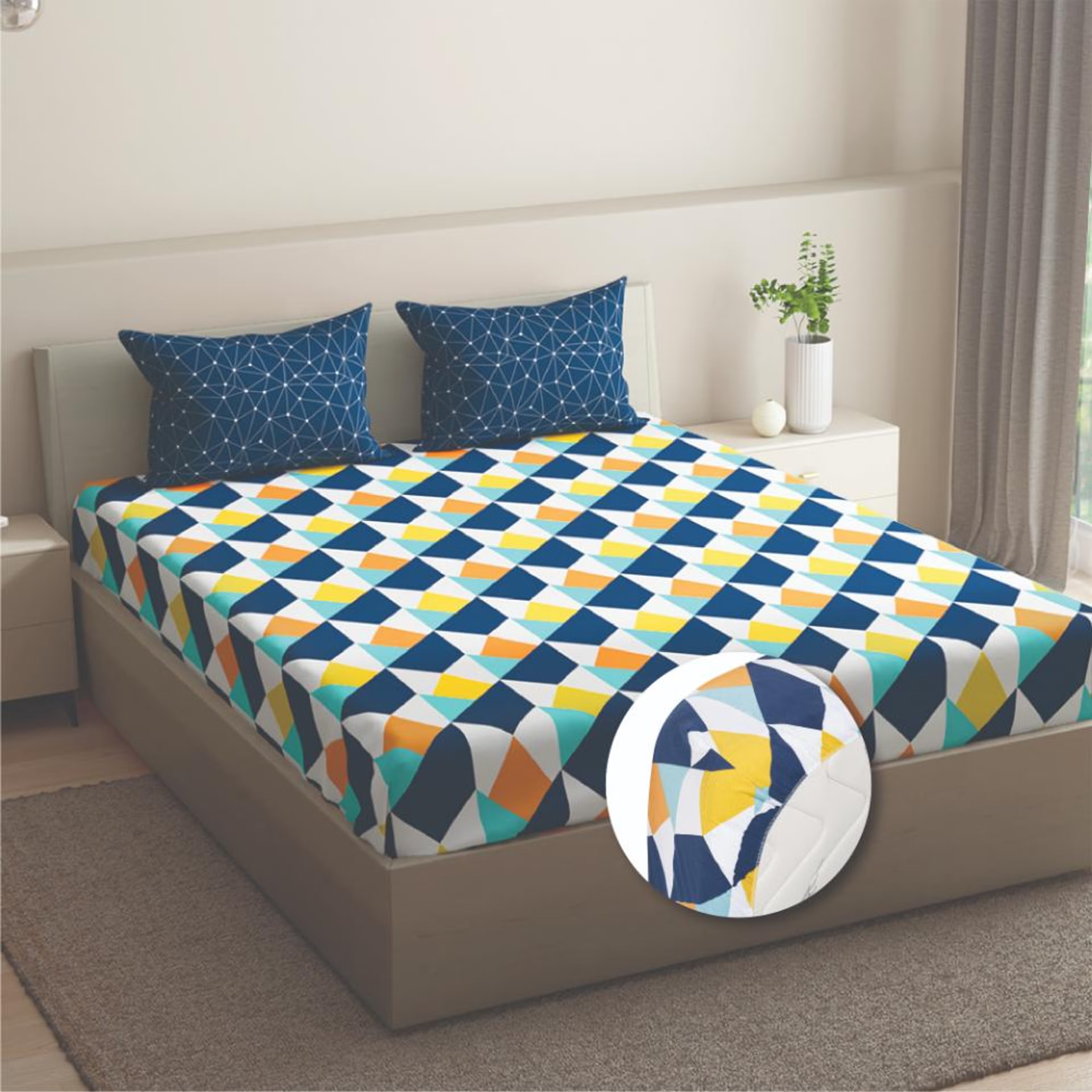 Home 28 100% Cotton 200 TC Fitted Bedsheet With 2 Pillow Covers | Nicole King, 72" x 70", Nicole| 1.83m x 1.78m King - 72" x 70\