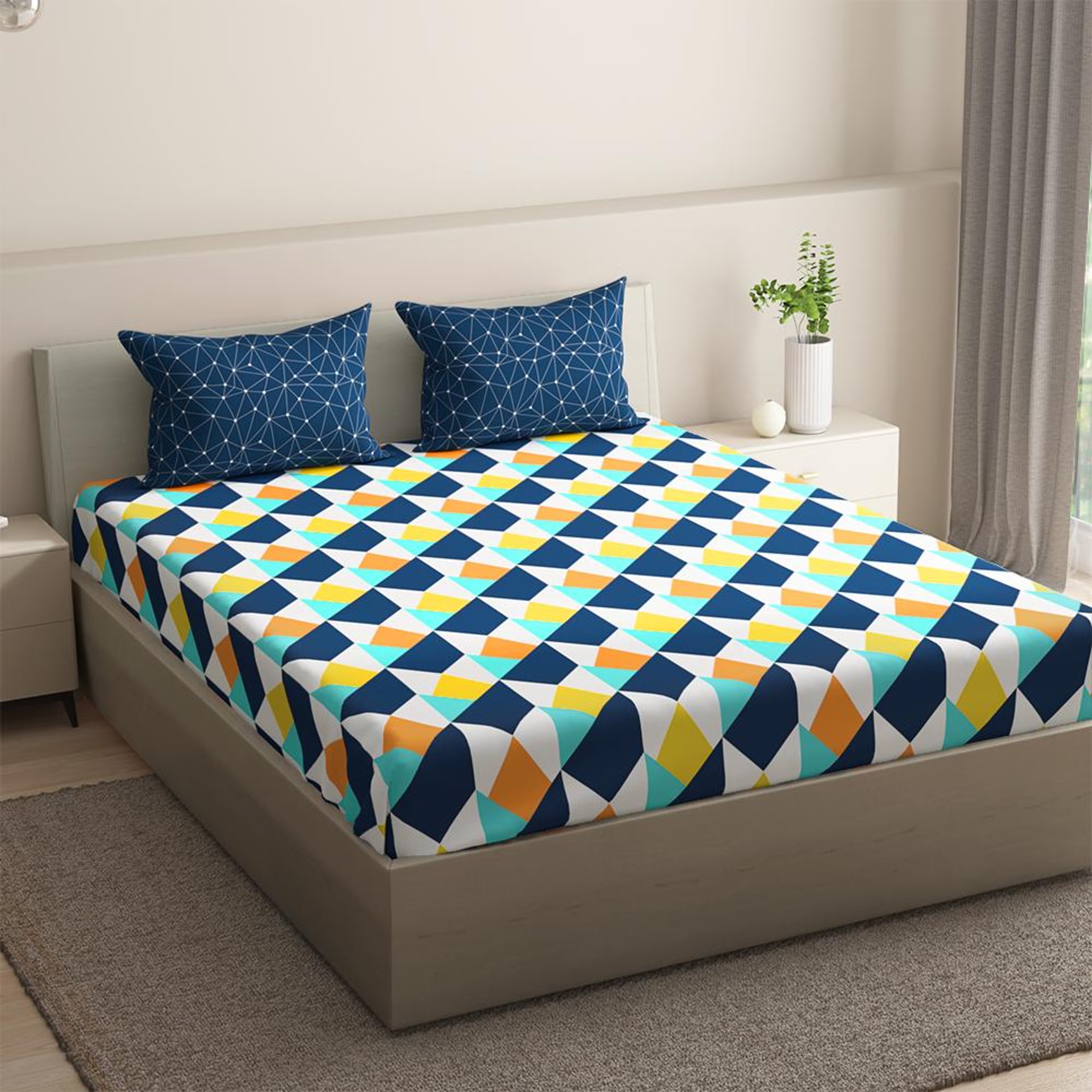 Home 29 100% Cotton 200 TC Fitted Bedsheet With 2 Pillow Covers | Nicole King, 72" x 70", Nicole| 1.83m x 1.78m King - 72" x 70\