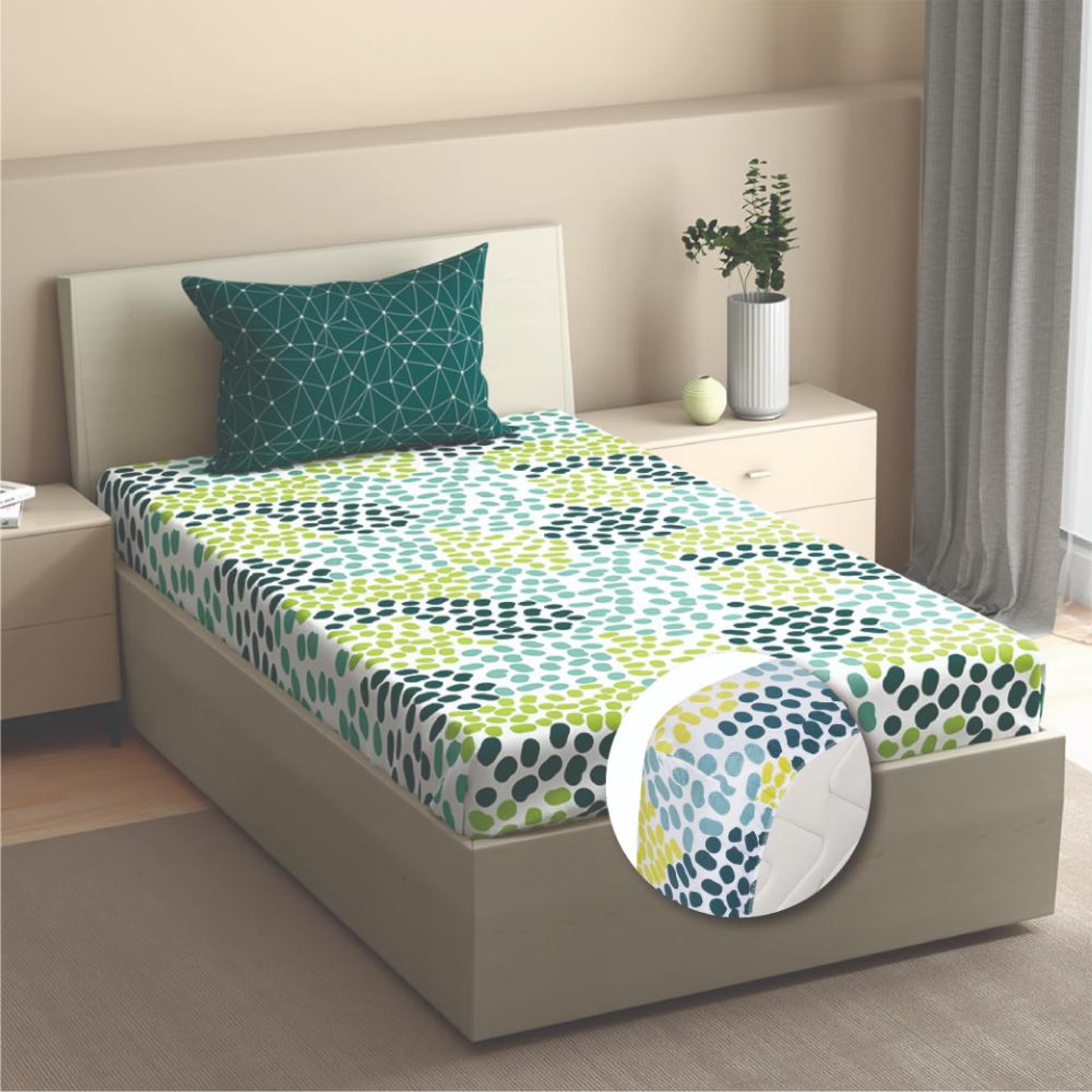 Wakefit 100% Cotton 200 TC Fitted Bedsheet With 1 Pillow Cover | Siri Single - 72" x 30\