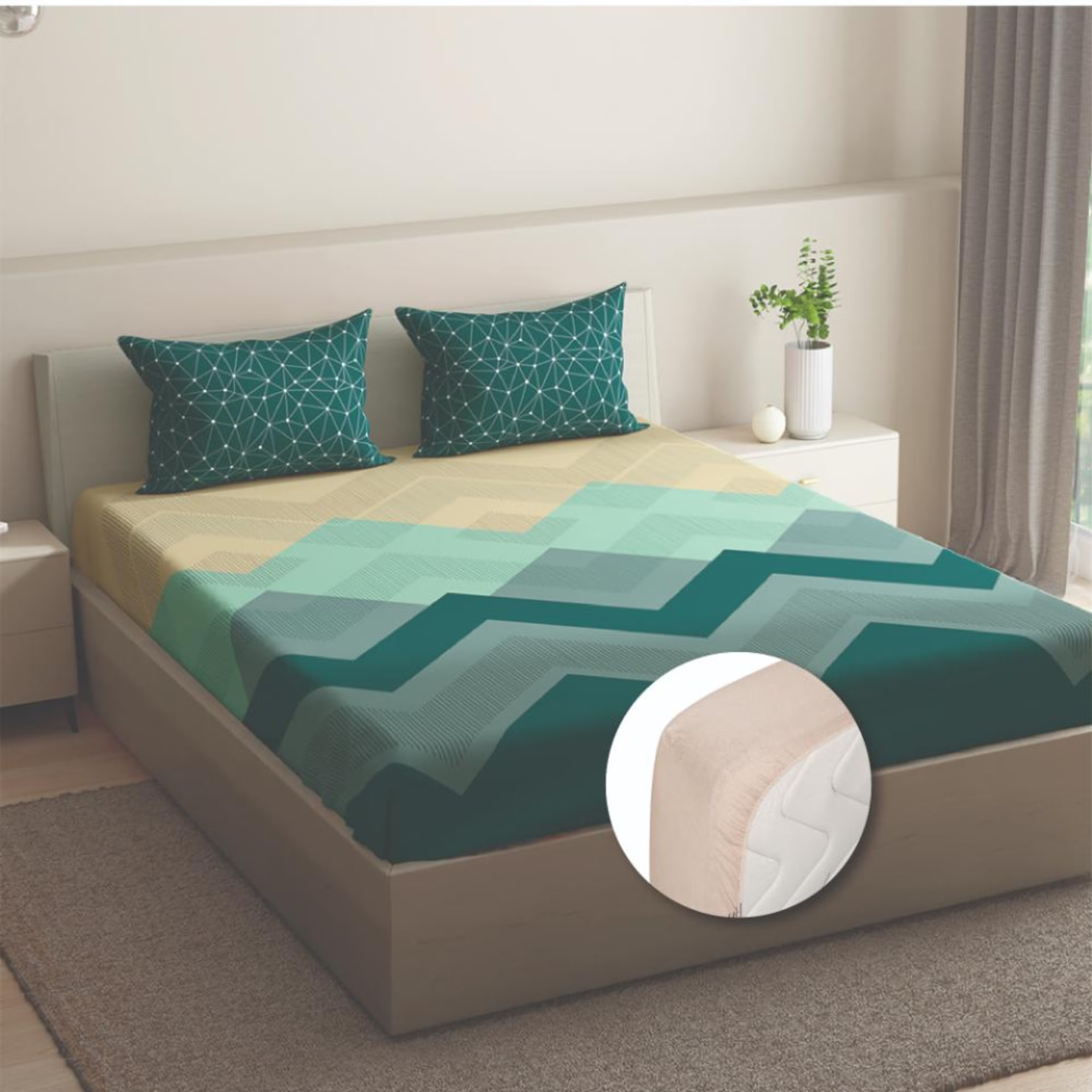 Wakefit Fitted 200 TC 100% Cotton Printed Bedsheet, Michele King Size (72x72 Inches / 1.8mx1.8m) With 2 Pillow Covers Free King - 72" x 72\