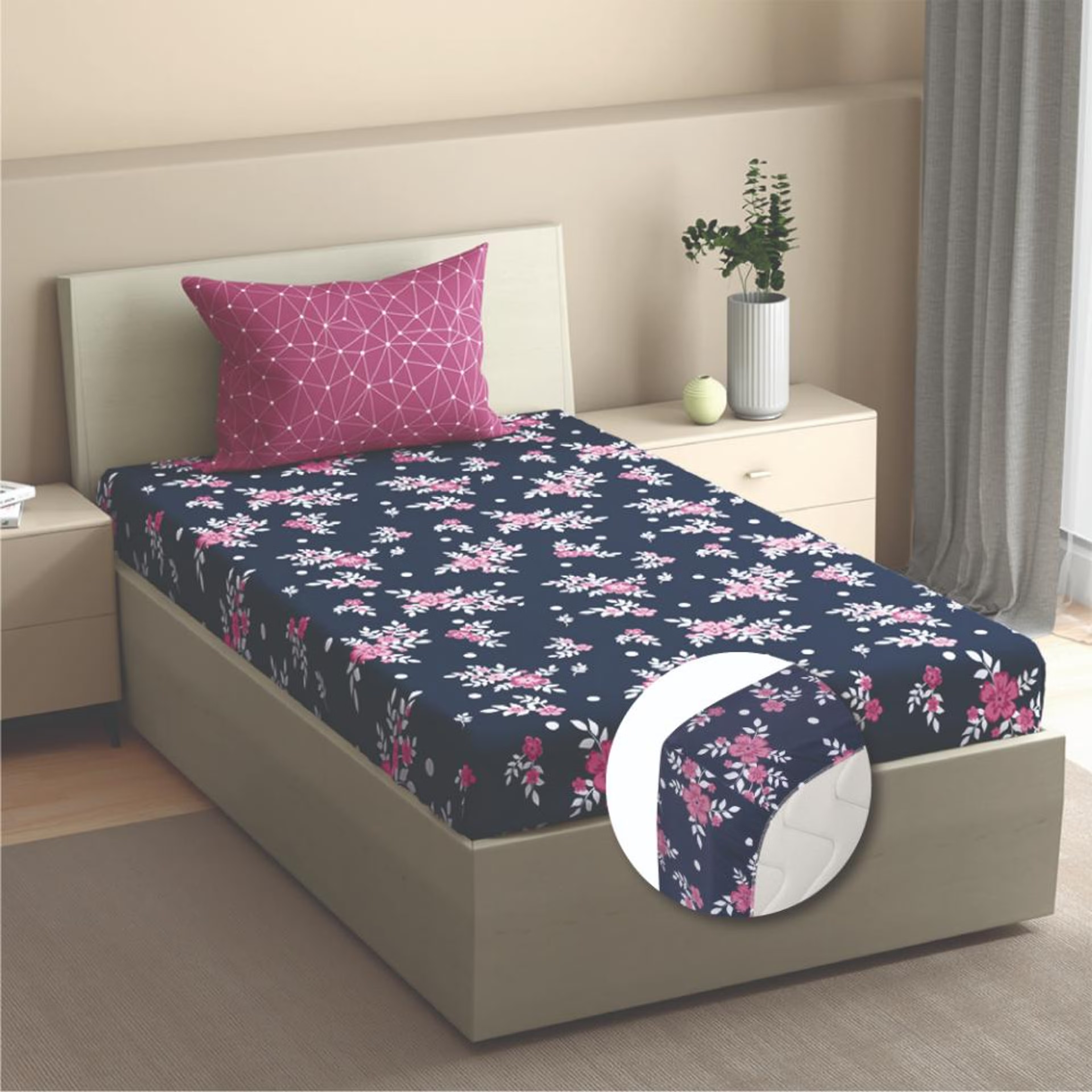 100% Cotton 200 TC Fitted Bedsheet With 1 Pillow Cover | Paula Single, 72" x 36", Paula| 1.83m x 91cm Single - 72" x 36\