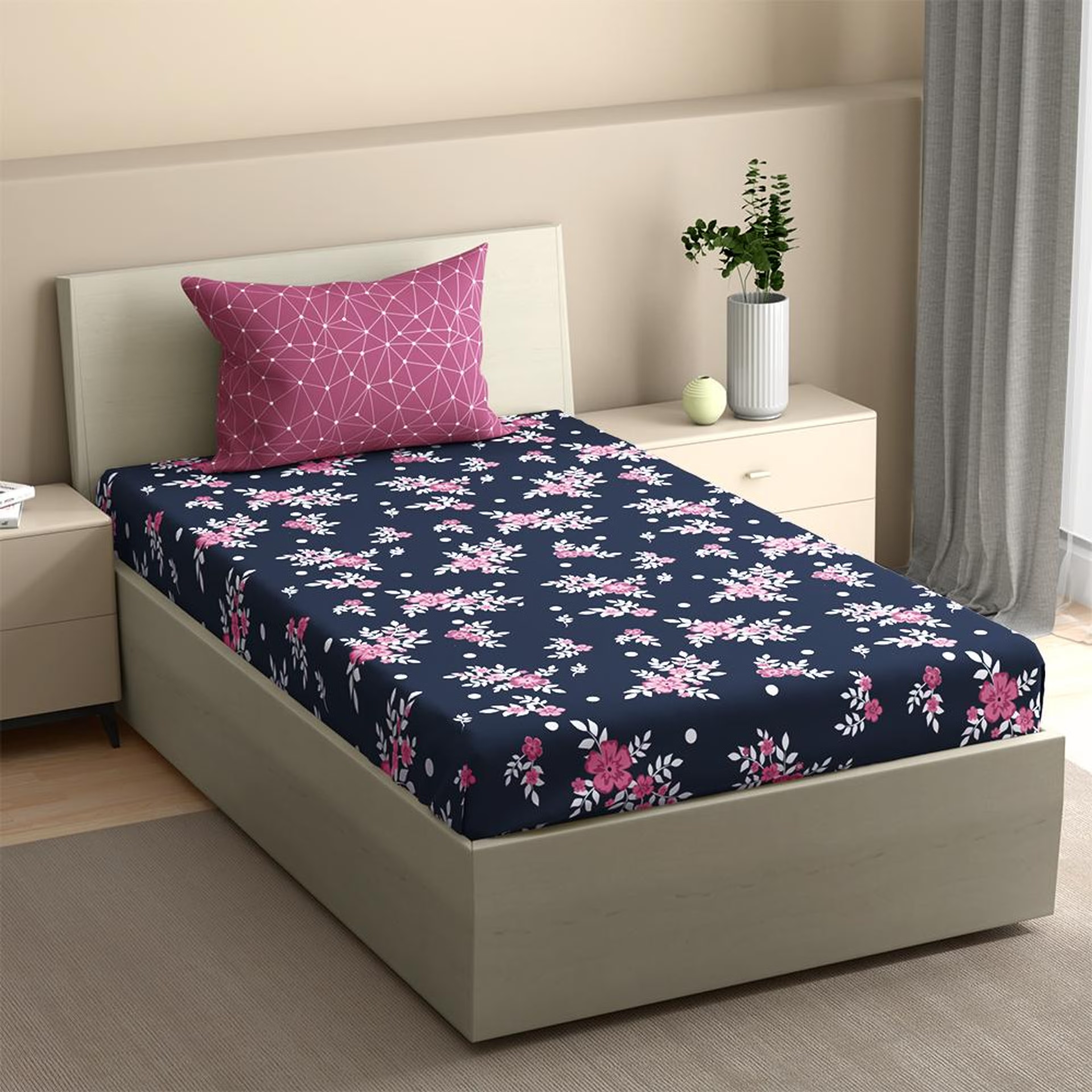 100% Cotton 200 TC Fitted Bedsheet With 1 Pillow Cover | Paula Single, 72" x 36", Paula| 1.83m x 91cm Single - 72" x 36\