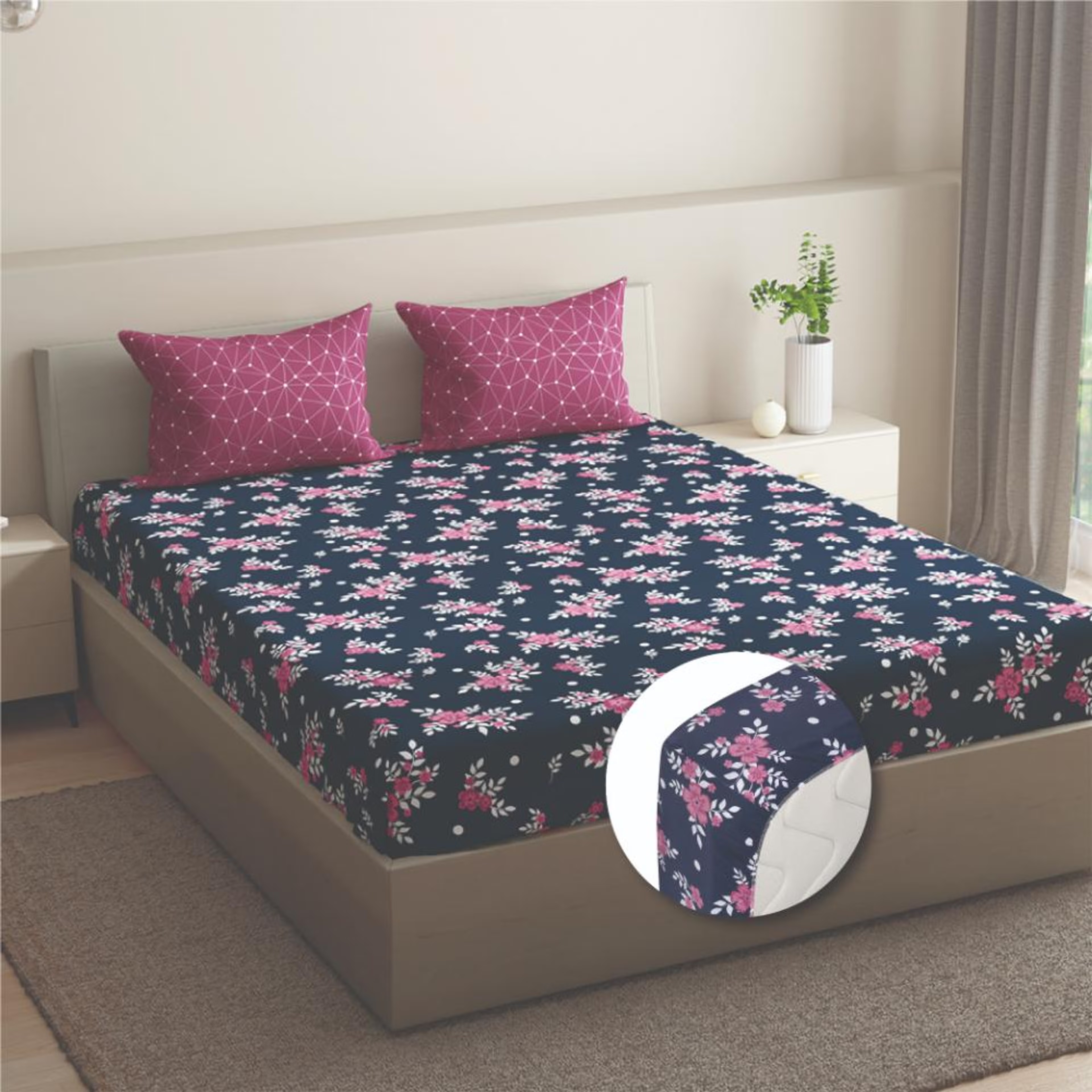 Home 39 100% Cotton 200 TC Fitted Bedsheet With 2 Pillow Covers | Paula King, 75" x 72", Paula| 1.91m x 1.83m King - 75" x 72\