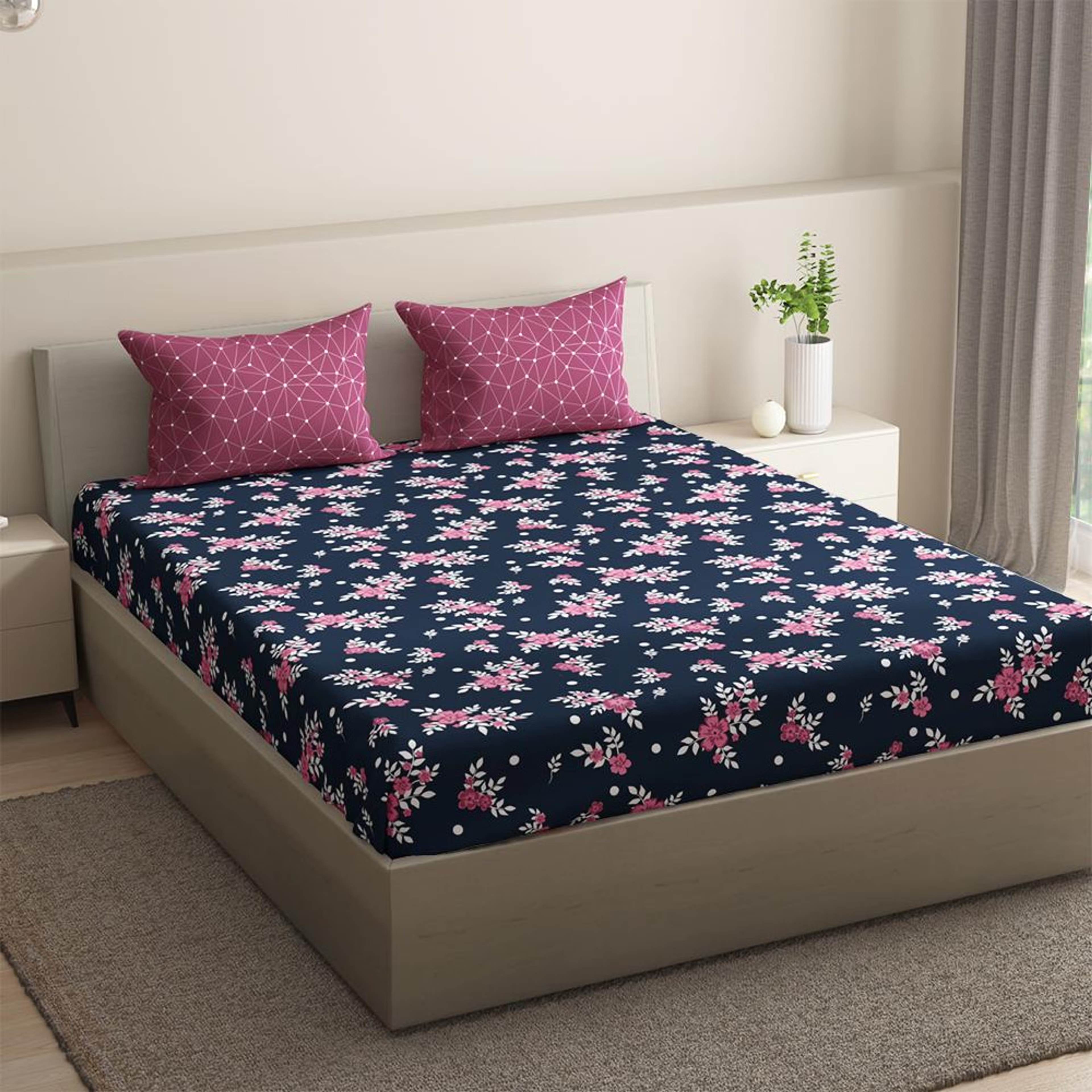 Home 40 100% Cotton 200 TC Fitted Bedsheet With 2 Pillow Covers | Paula King, 75" x 72", Paula| 1.91m x 1.83m King - 75" x 72\
