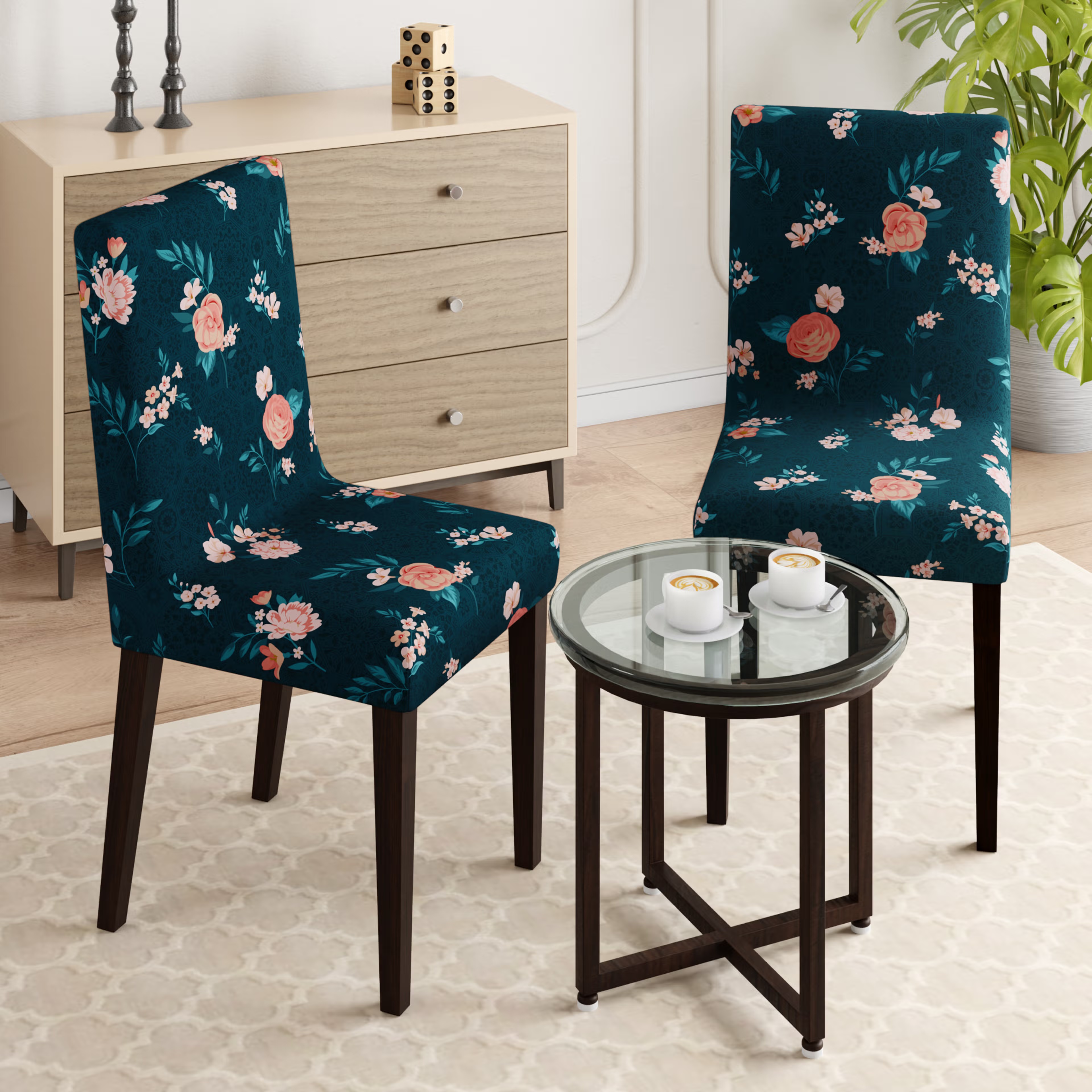 Printed Chair Cover | Elastic Stretchable Dining table Chair Cover 2 seater | Removable & Washable Slip Cover | Chair Seat Protector&nbsp;|&nbsp;Alana | Set of 2 Set Of 2, Alana