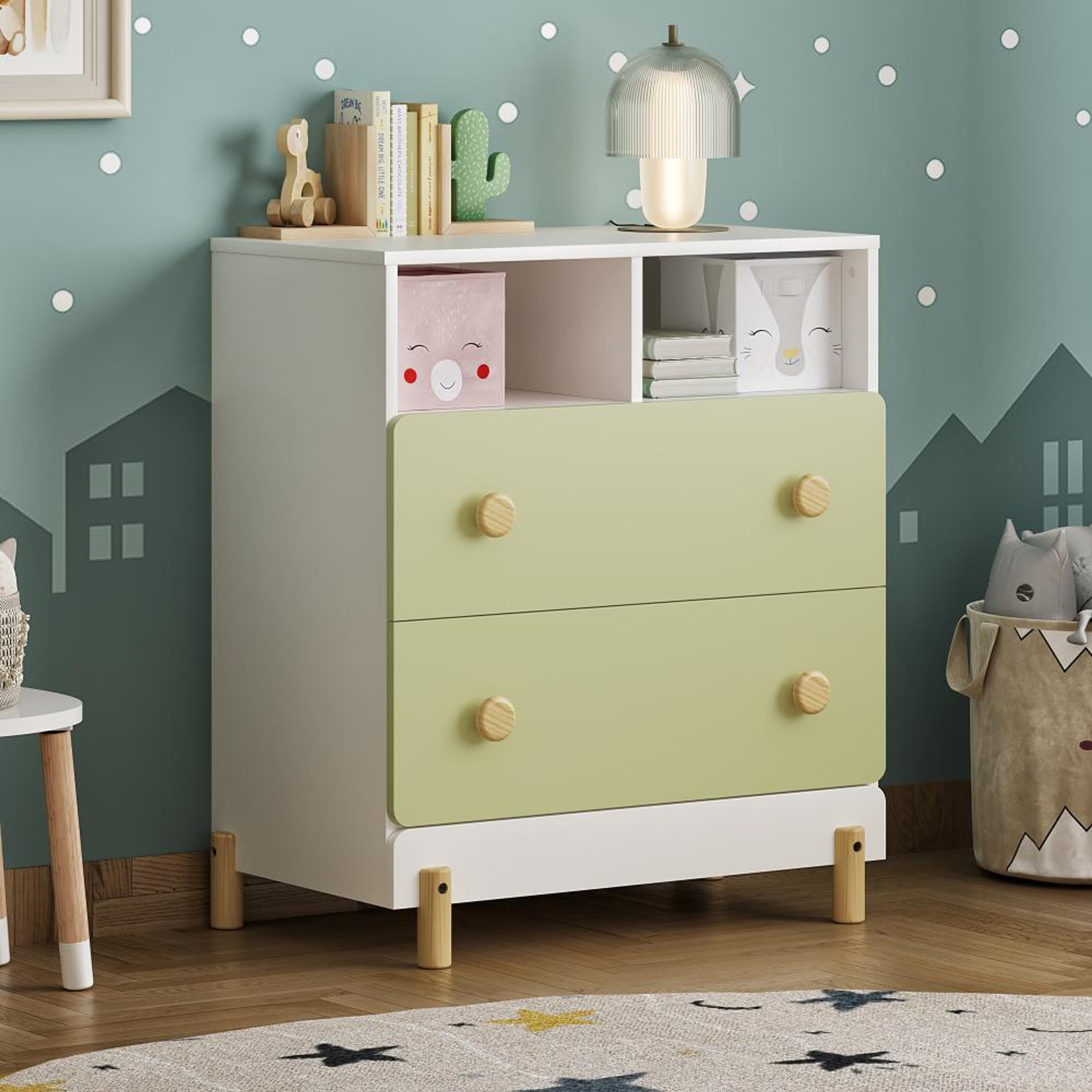 Glori Kids Chest of Drawers | (30x20 inch) | (Frosty White and Mellow Green) | Multi-Storage Wooden Cabinet for Kids Room