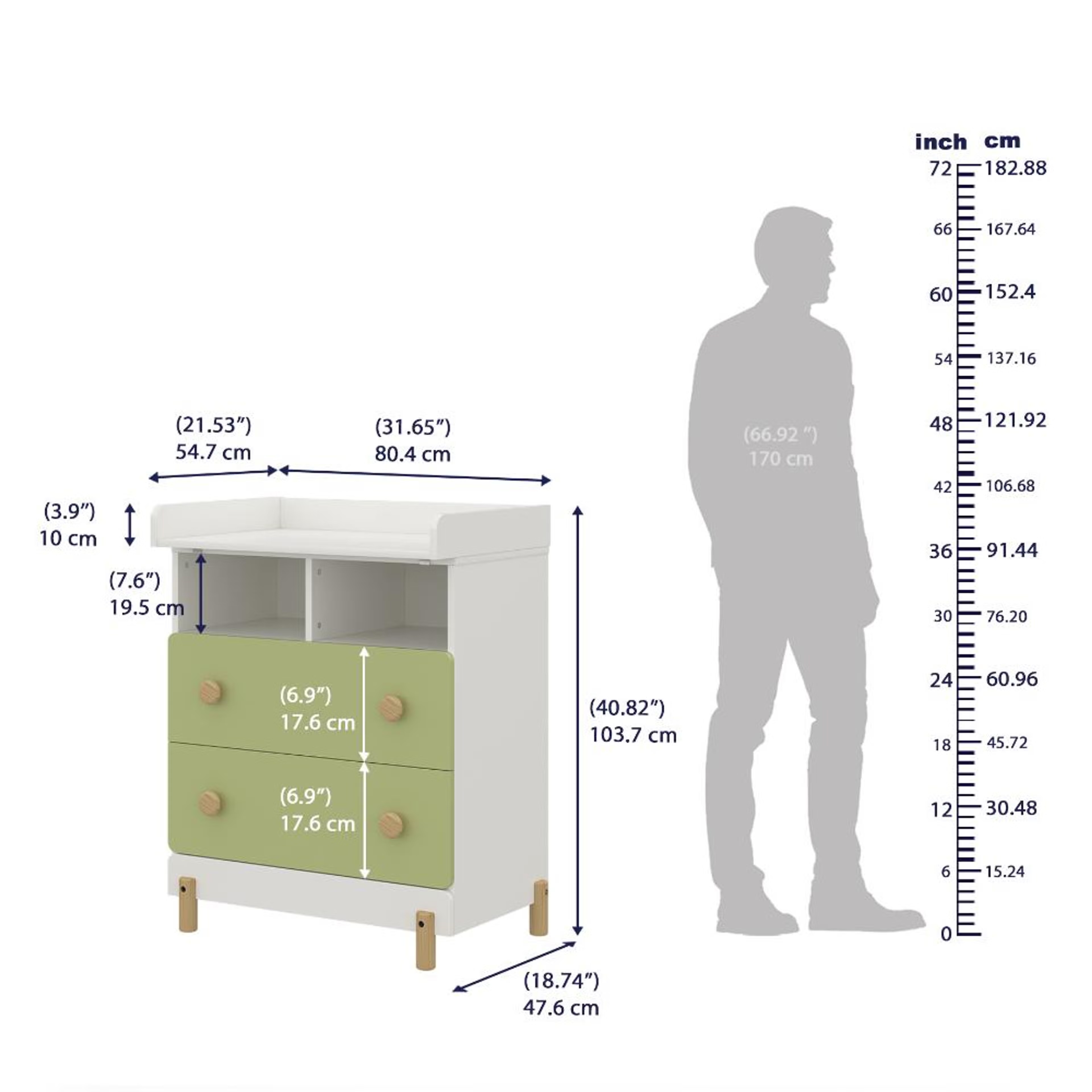 Glori Kids Chest of Drawers | (30x20 inch) | (Frosty White and Mellow Green) | Multi-Storage Wooden Cabinet for Kids Room